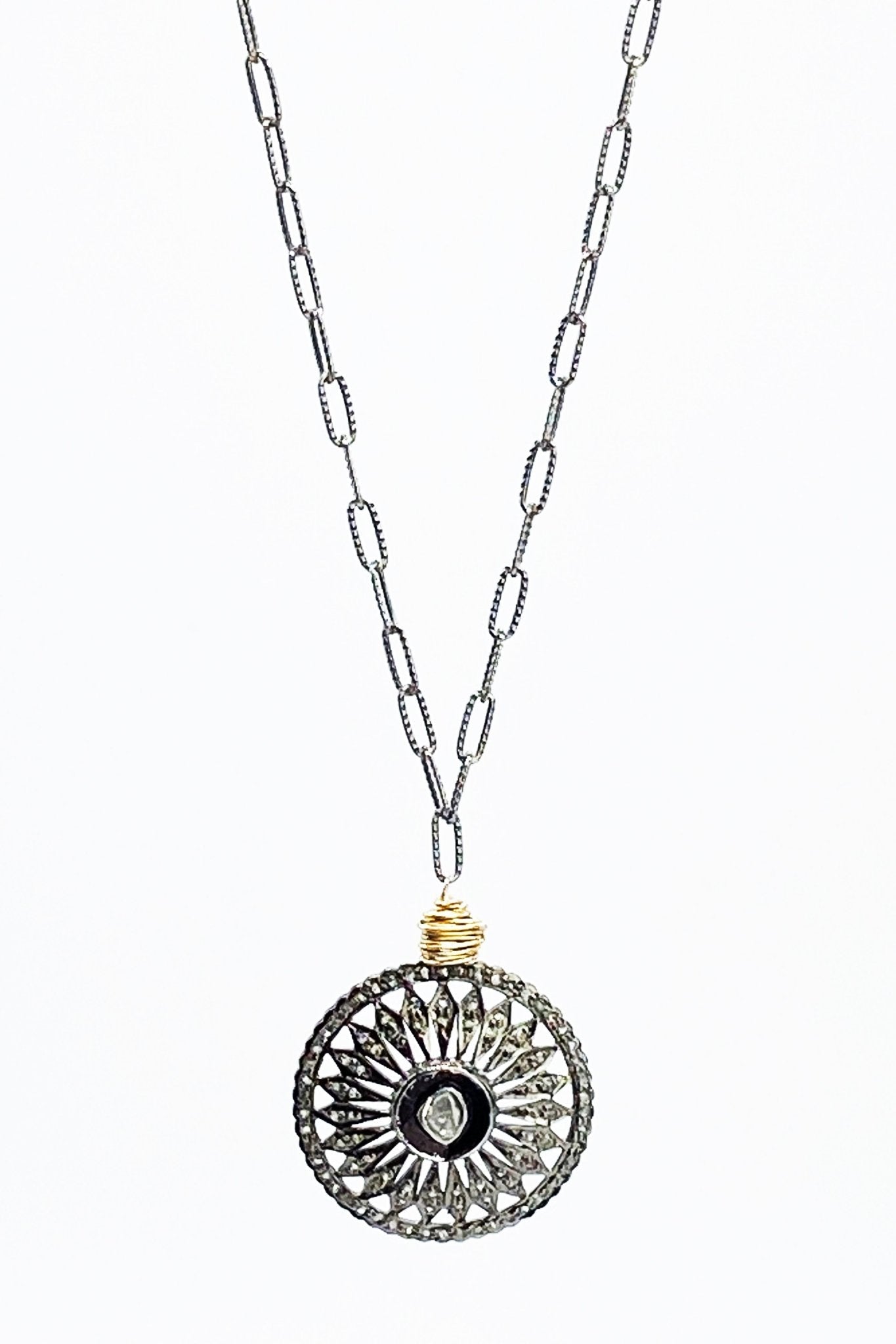 Rose Cut Diamond Coin Antique Silver Necklace on a white background - L'Atelier Global