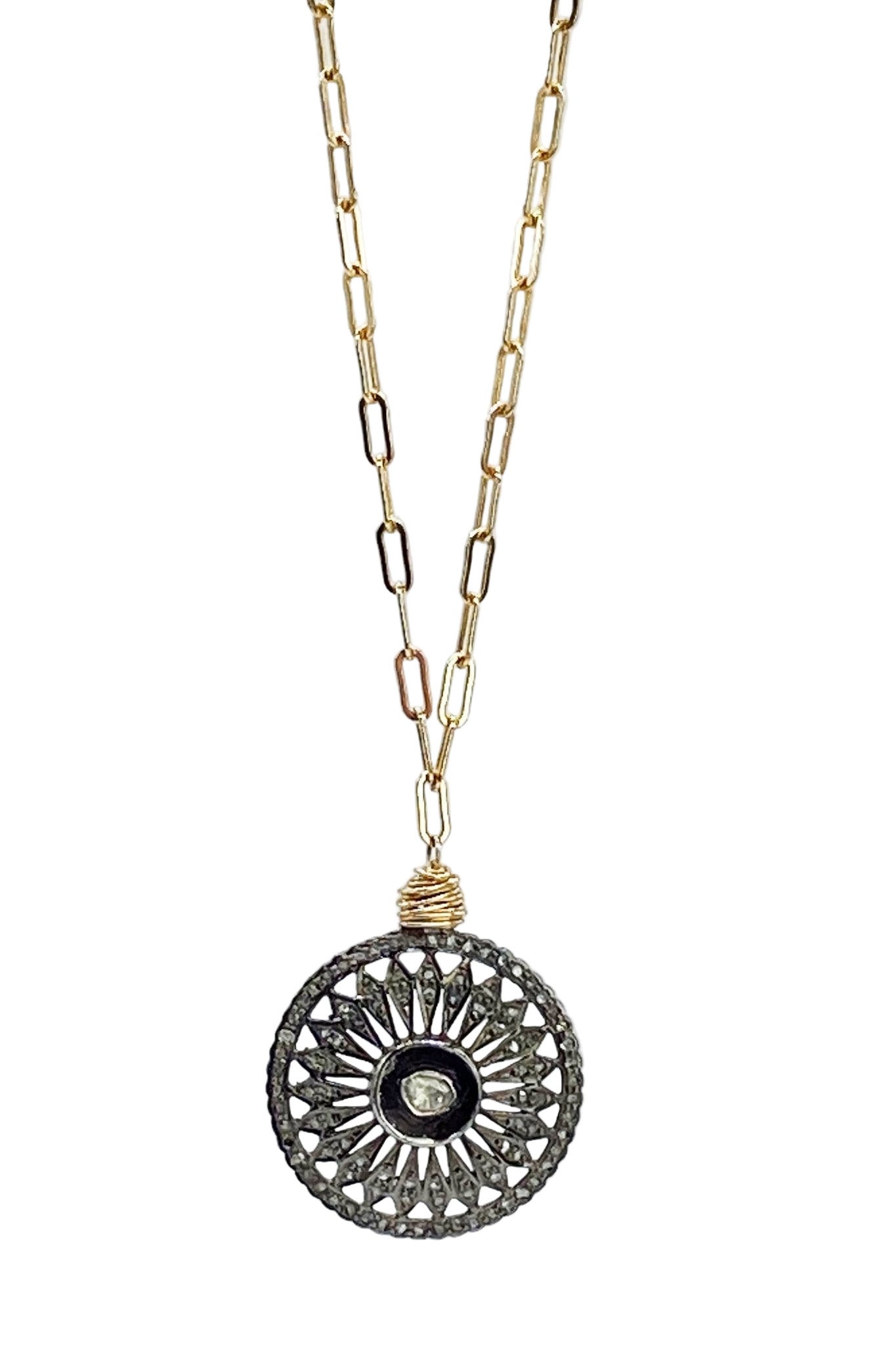 Rose Cut Diamond Coin Gold Paperclip Necklace on a white background