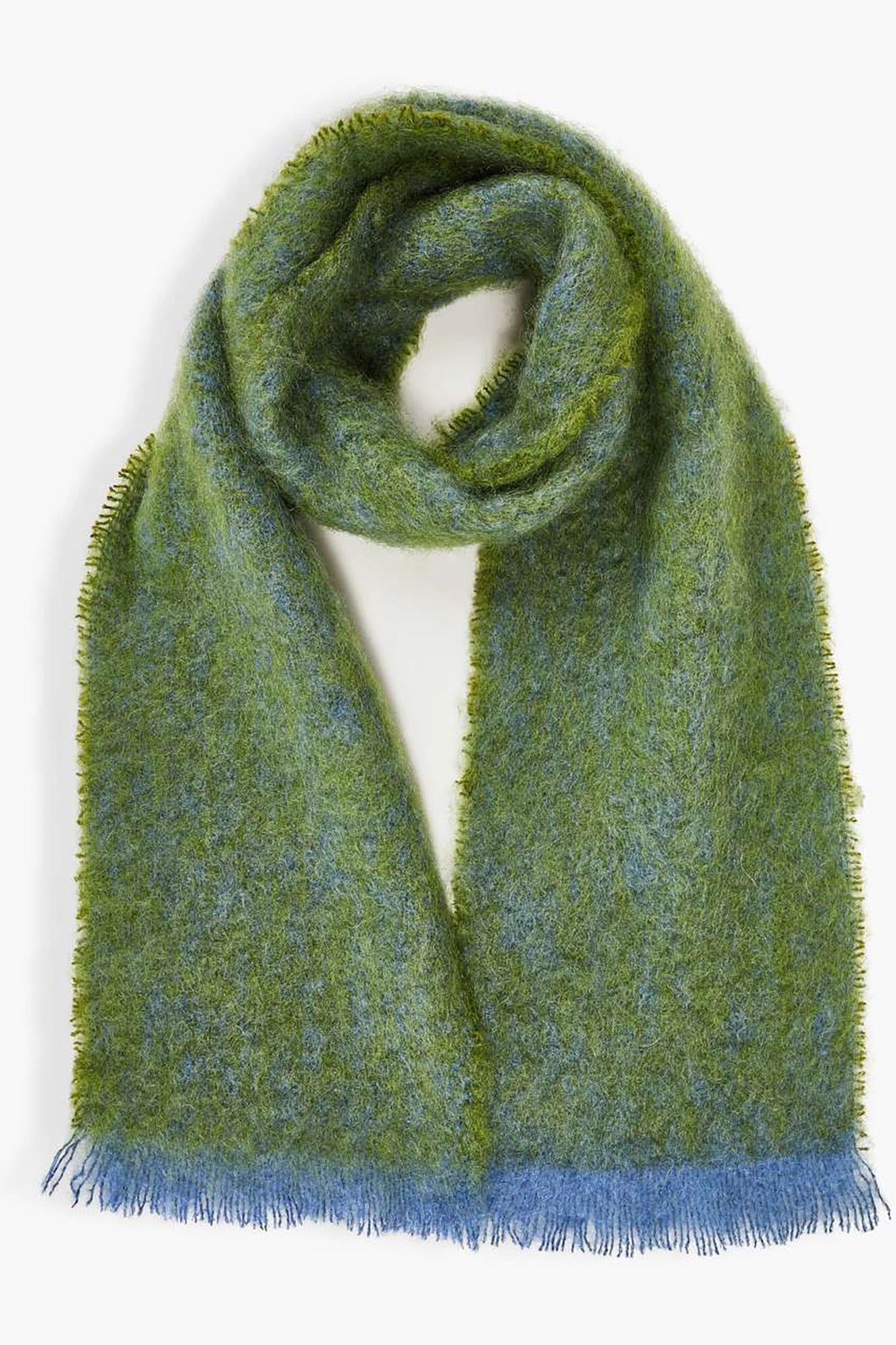 Rowan Melange Hand-loomed Soft Mohair Scarf wrapped in a partial circle mimicking wearing on the neck on a white background