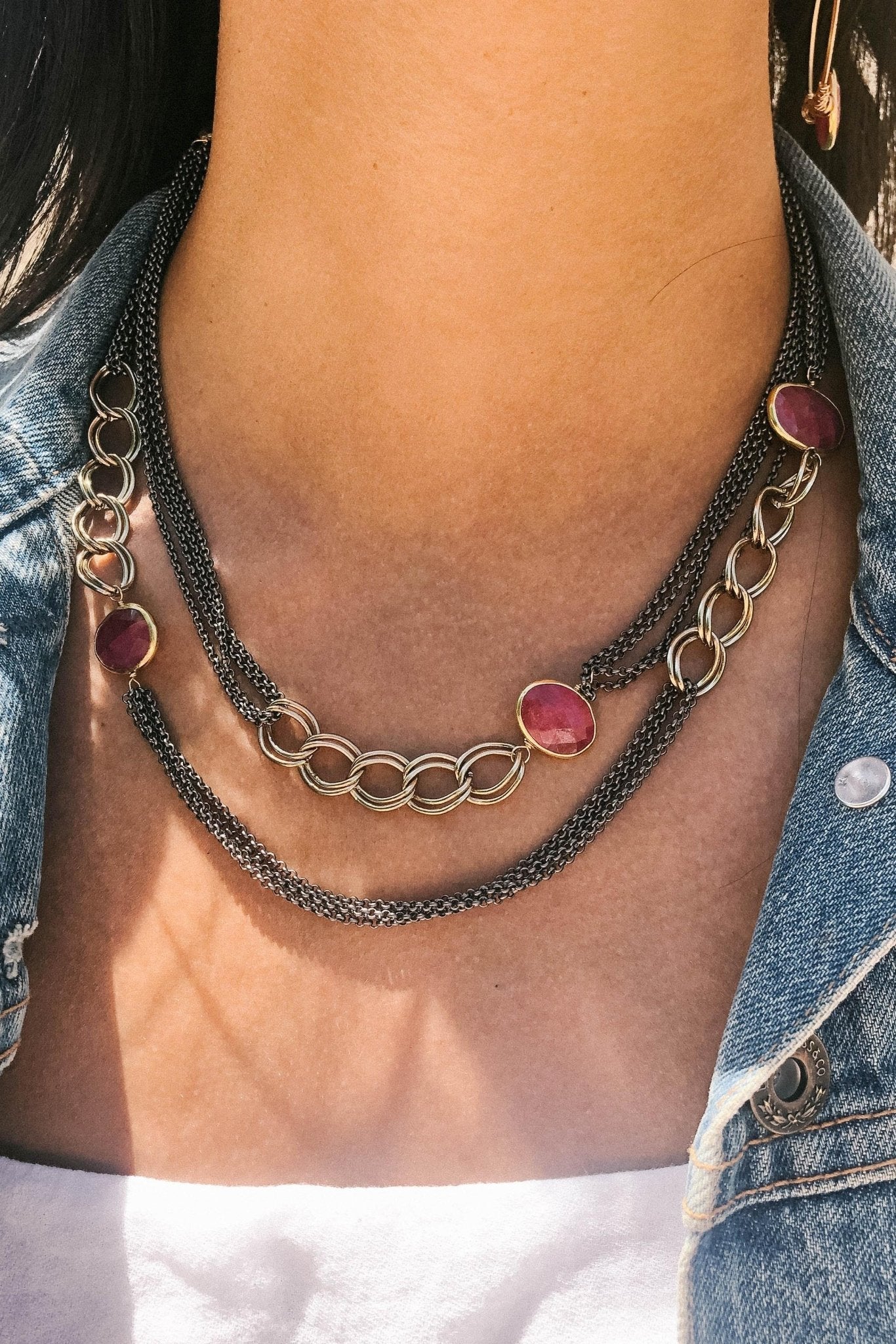 Ruby Mixed Metal Antique Long Necklace on female doubled up close to her neck