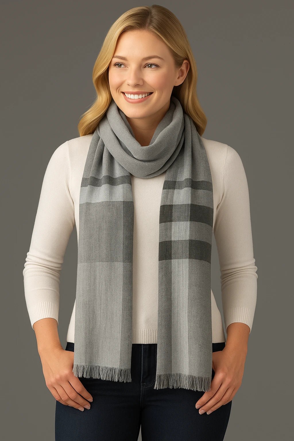 Sachacha Peruvian Baby Alpaca Stole in gray on a female model