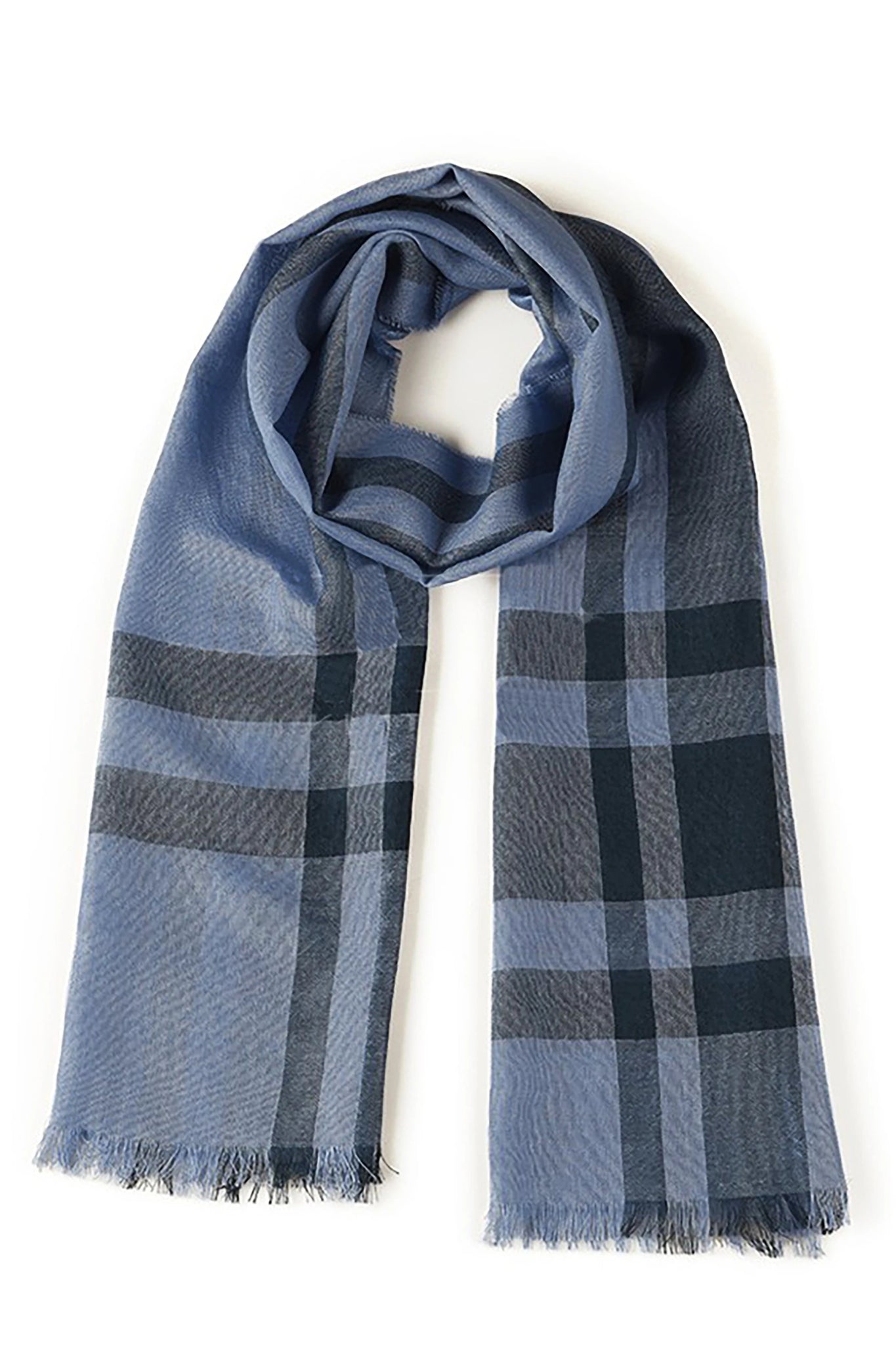 Peruvian Baby Alpaca and Silk Stole in blue wrapped as if it's around a neck, laying on a white background