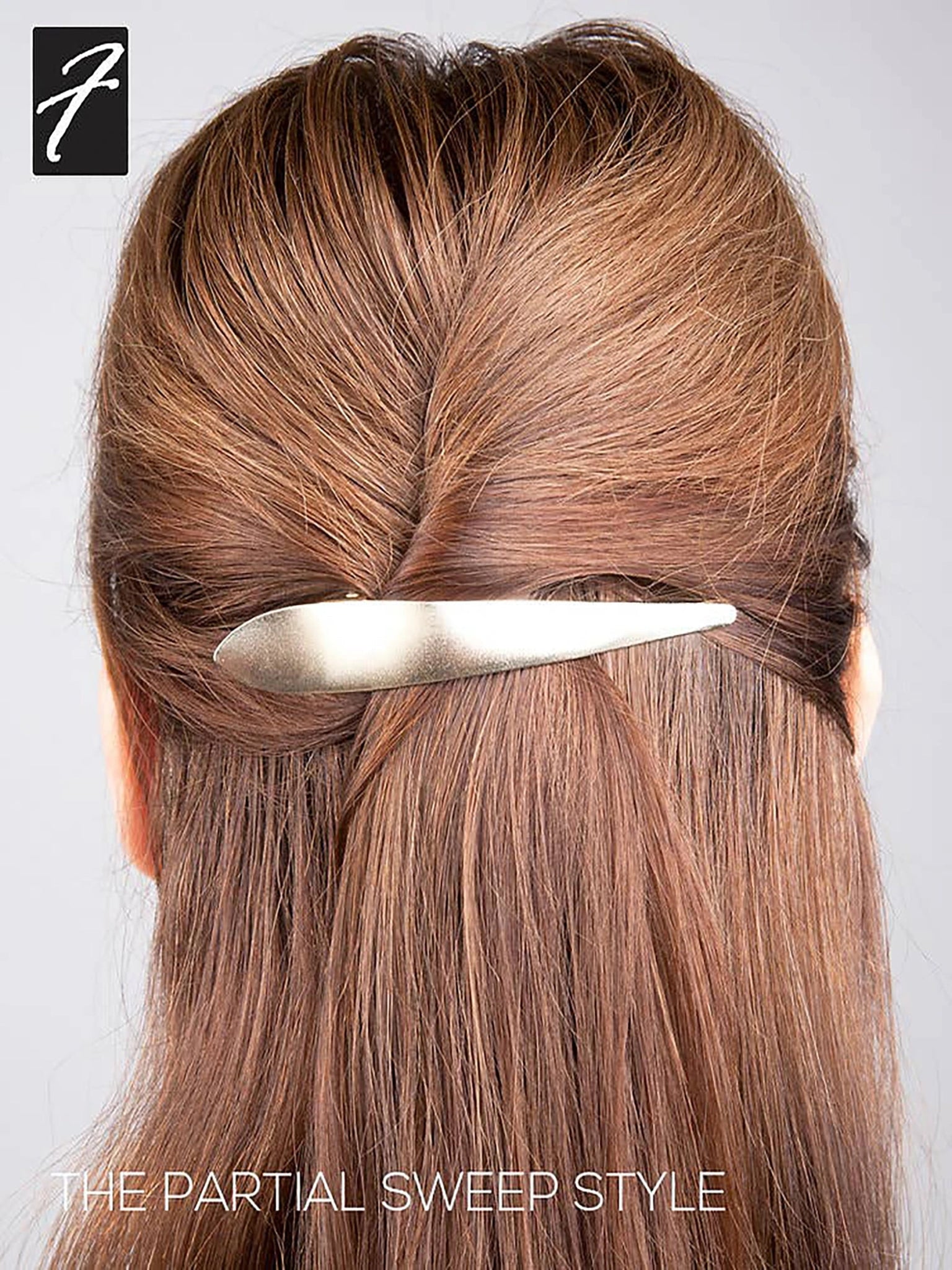 Gold Hair clip in a woman's hair with 'The Partial Sweep Style' text on a white background