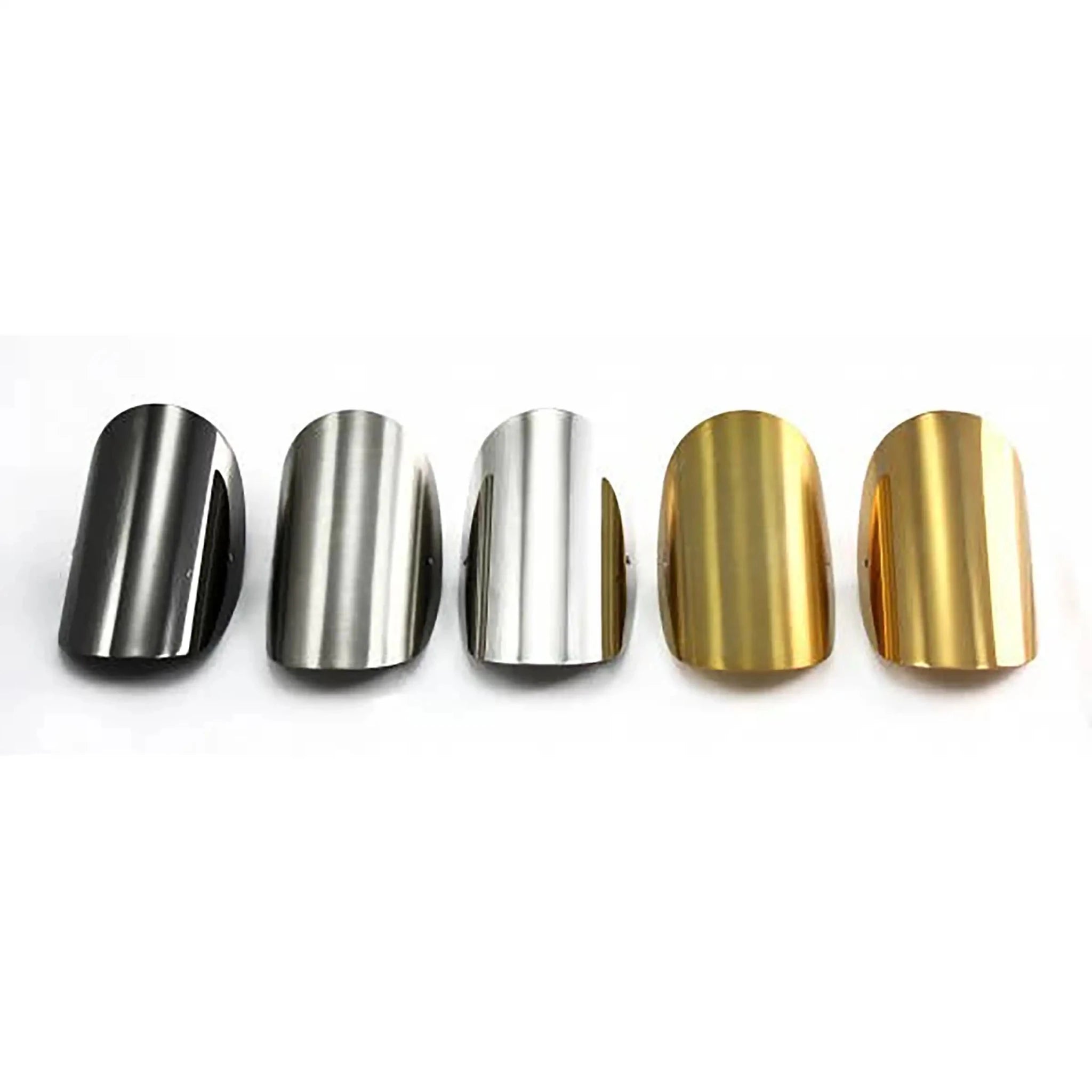Five culpted Arc Ponytail Barrettes in black silver, matte silver, silver, matte gold, gold on a white background