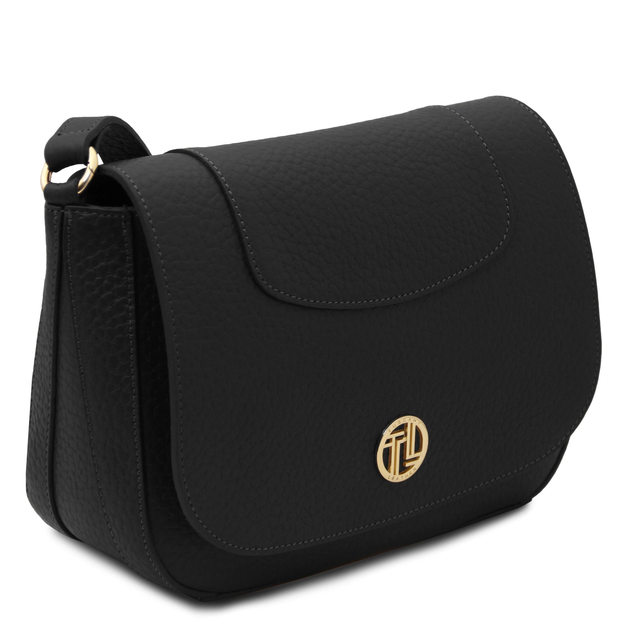 Side view Sella Italian Leather Shoulder Bag in black