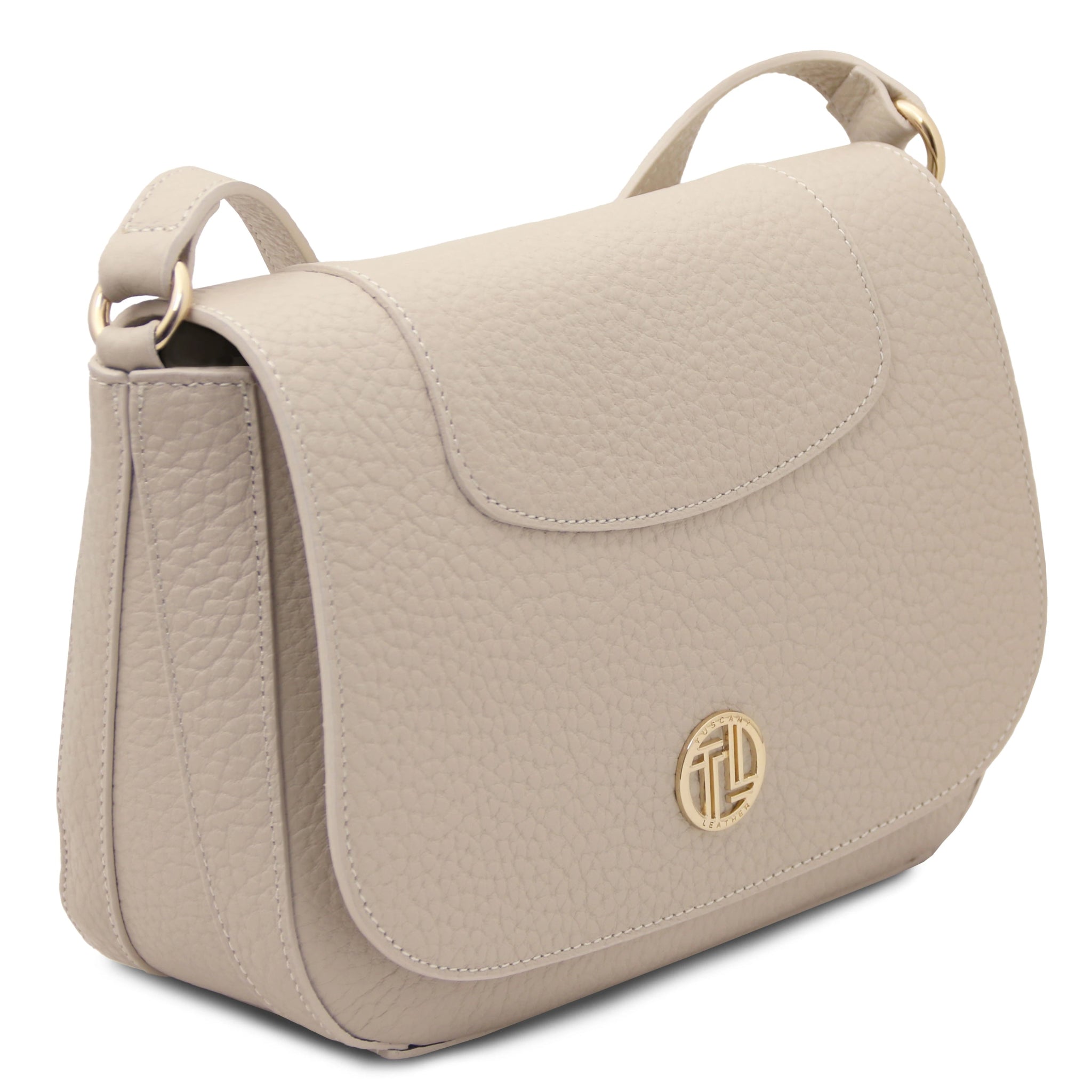 Side view Sella Italian Leather Shoulder Bag in beige