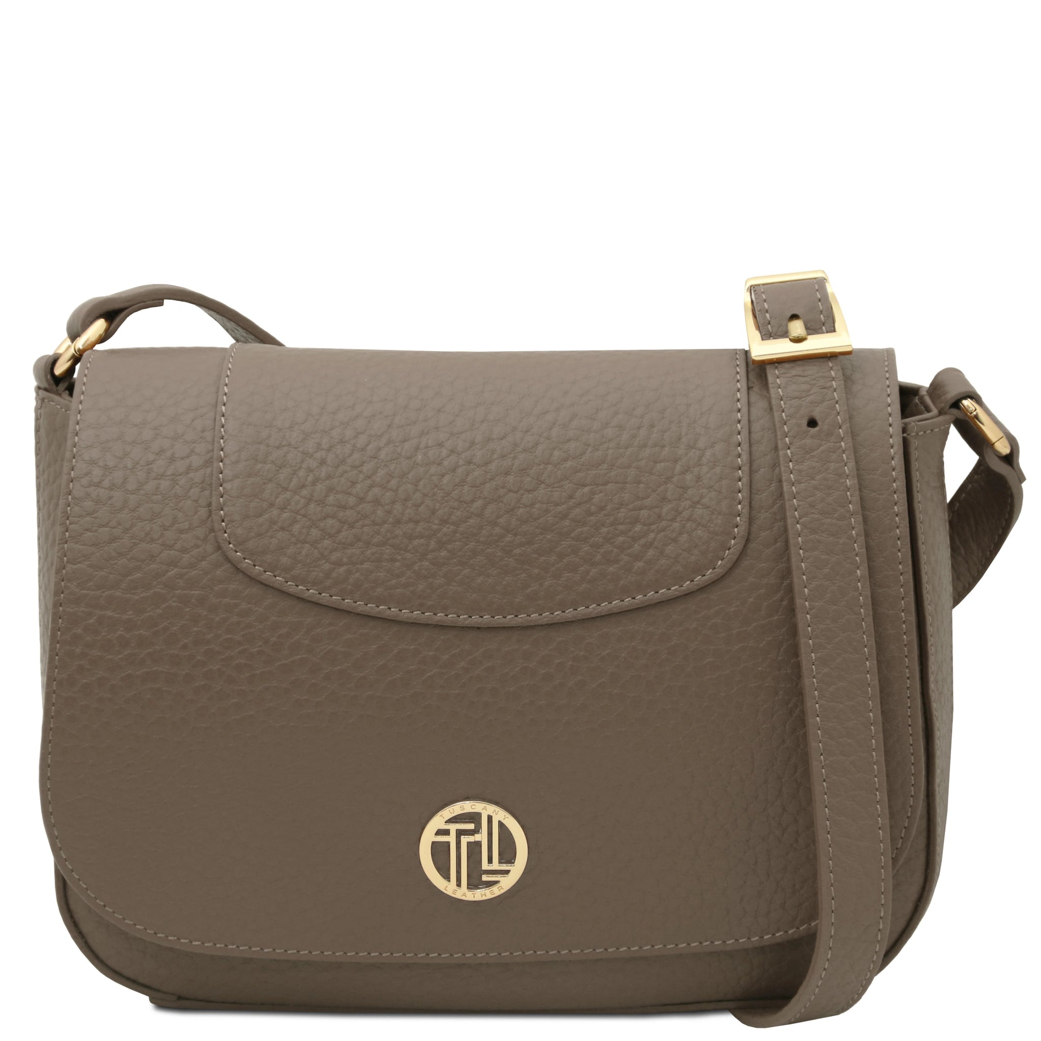 Front view Sella Italian Leather Shoulder Bag in dark taupe