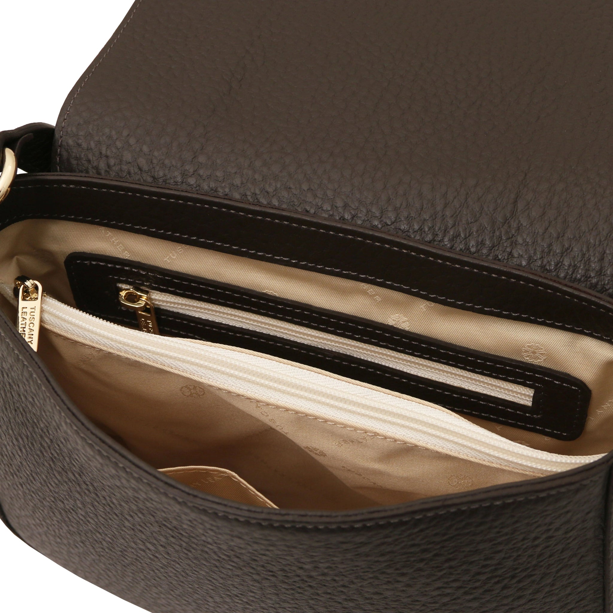 Interior zip pocket beige lining view Sella Italian Leather Shoulder Bag dark brown