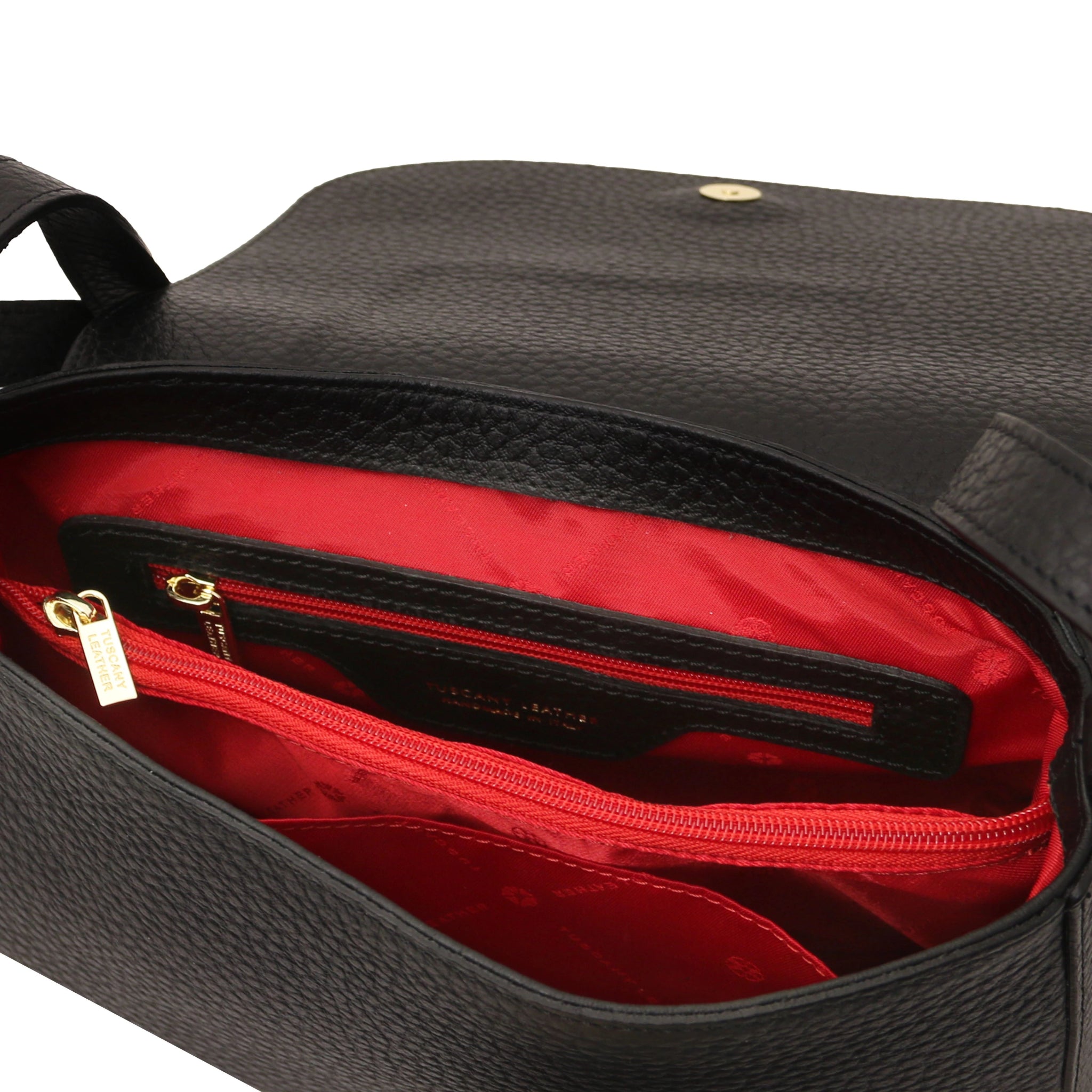 Interior zip pocket red lining view Sella Italian Leather Shoulder Bag in black.