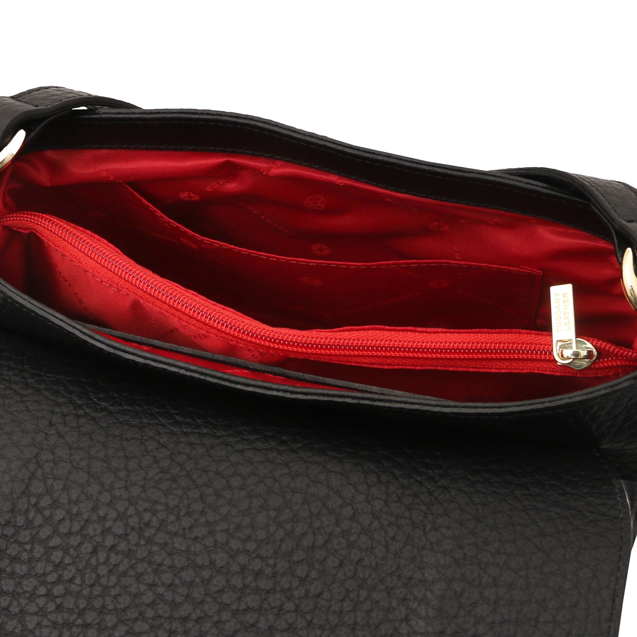 Interior open pocket red lining view Sella Italian Leather Shoulder Bag in black