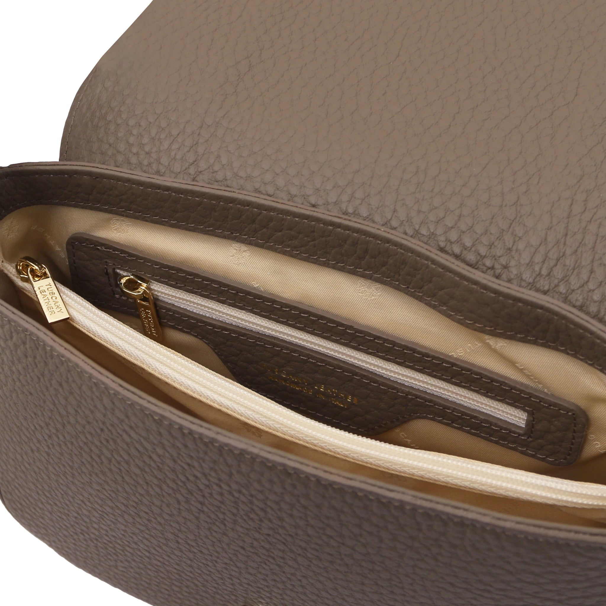 Interior zip pocket beige lining view Sella Italian Leather Shoulder Bag dark taupe