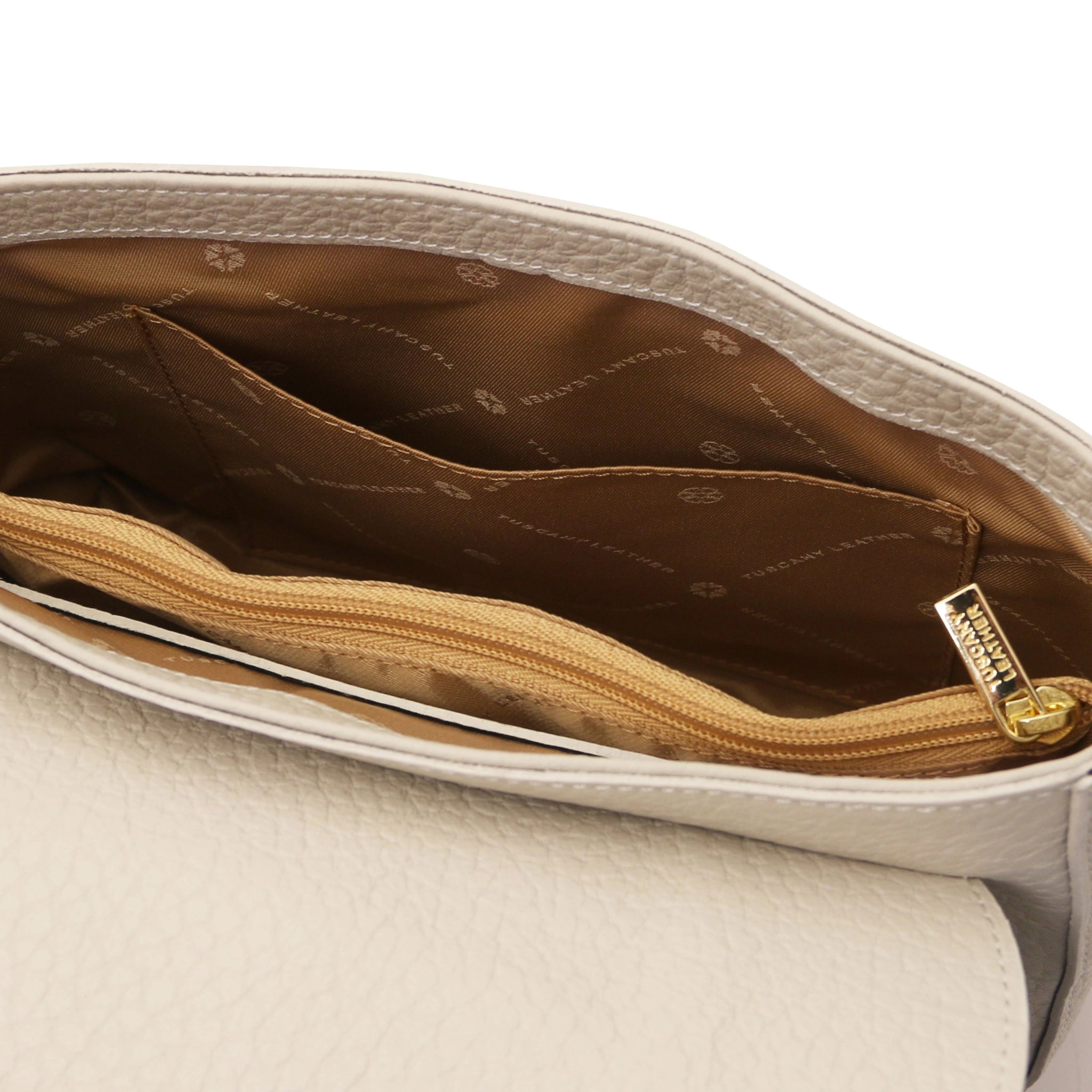 Interior open pocket beige lining view Sella Italian Leather Shoulder Bag beige