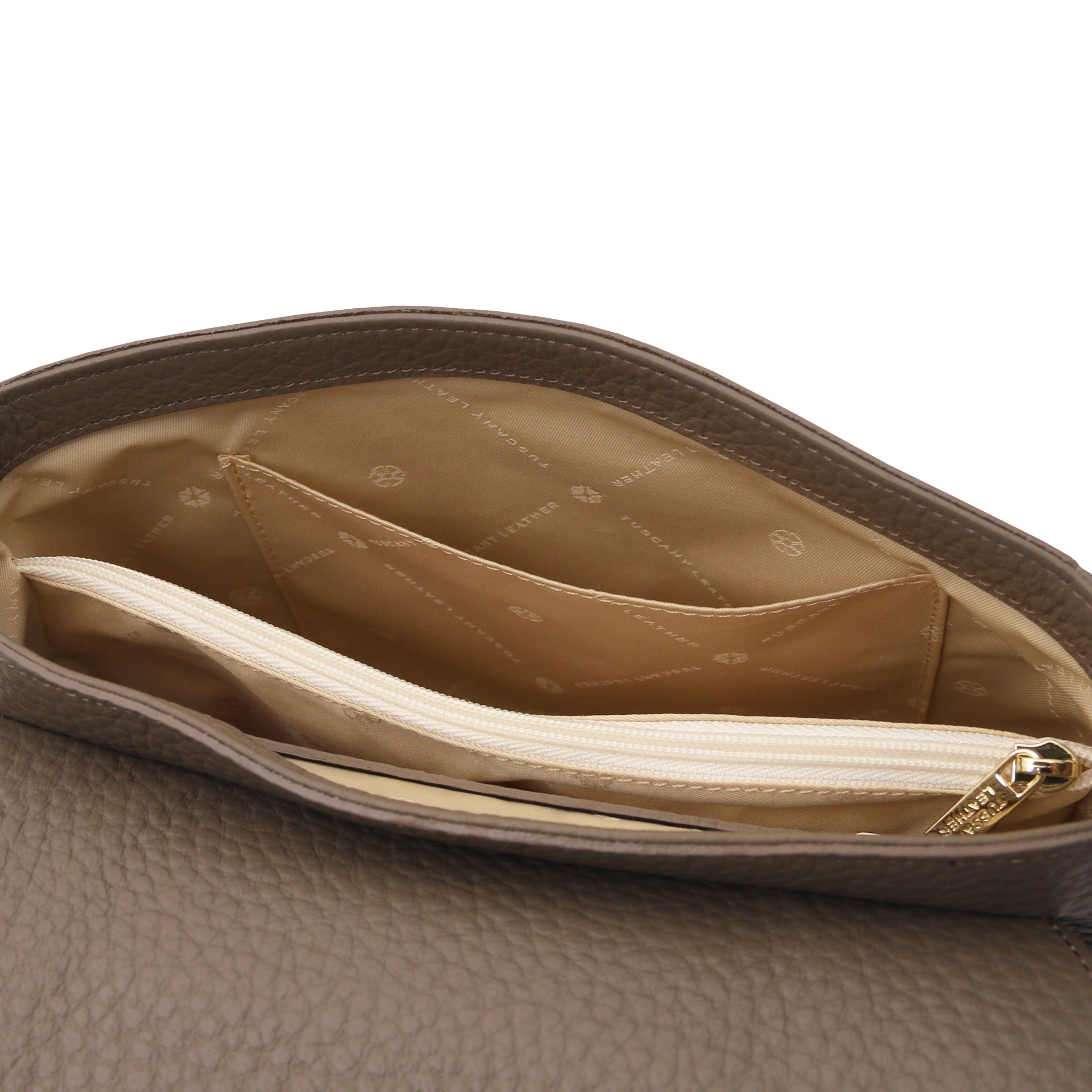 Interior open pocket beige lining view Sella Italian Leather Shoulder Bag dark taupe