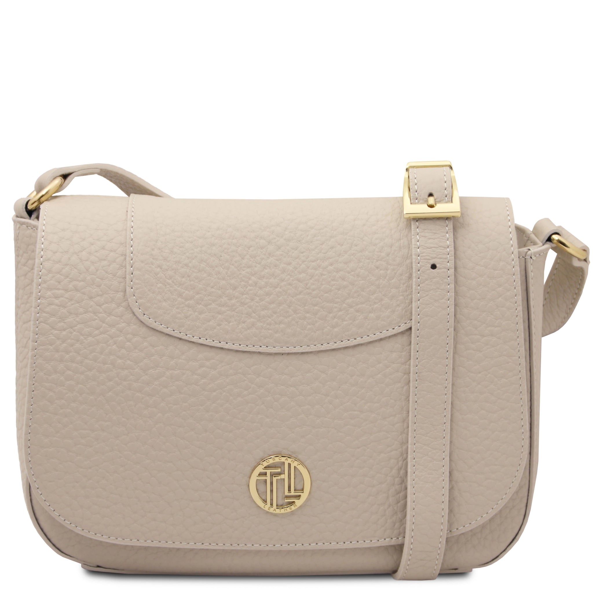 Front view Sella Italian Leather Shoulder Bag in beige