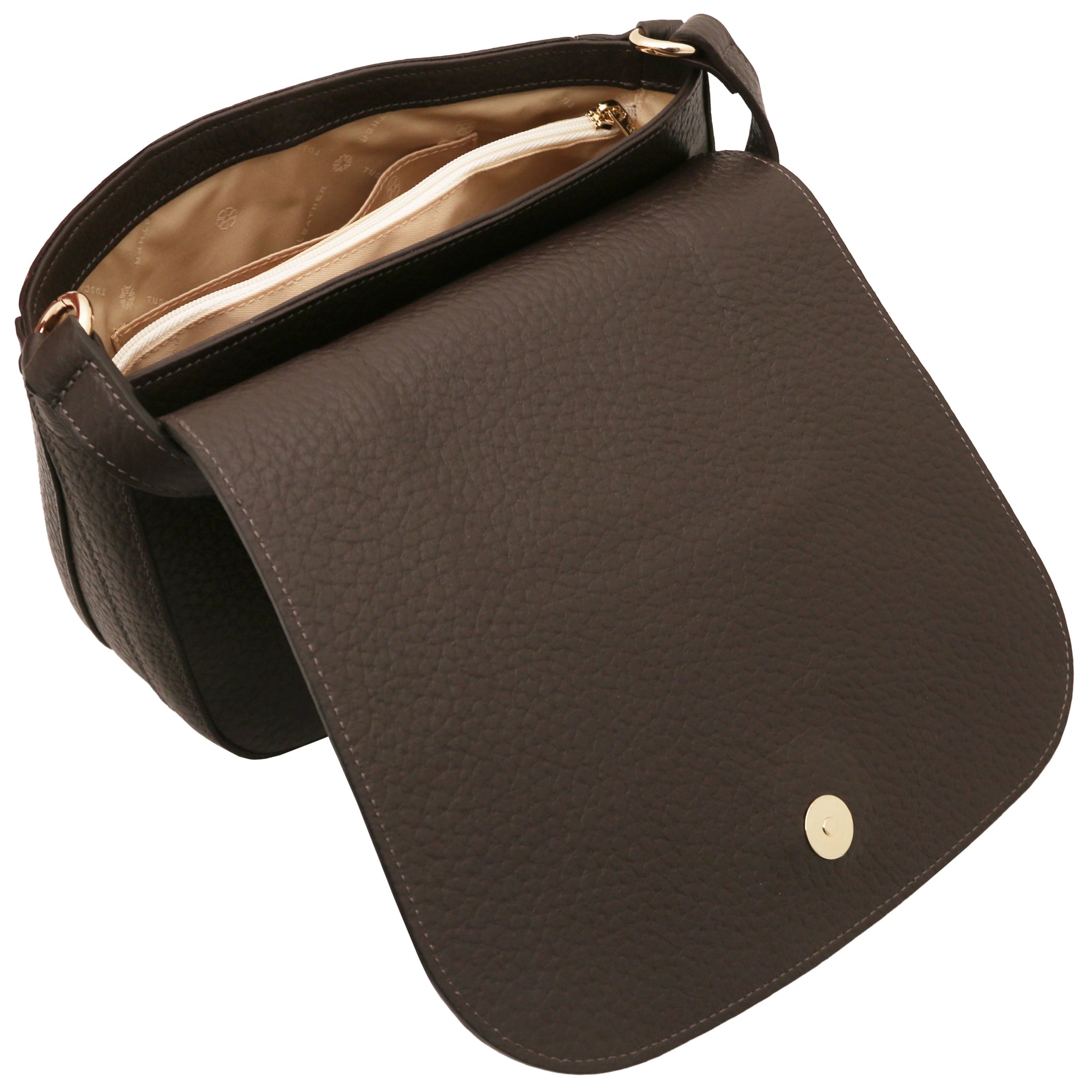 Top flap view beige lining Sella Italian Leather Shoulder Bag in dark brown