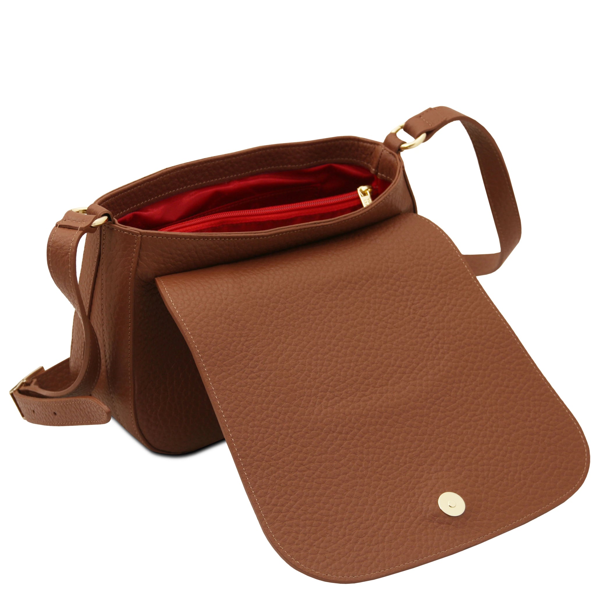 Top flap view Sella Italian Leather Shoulder Bag in cognac