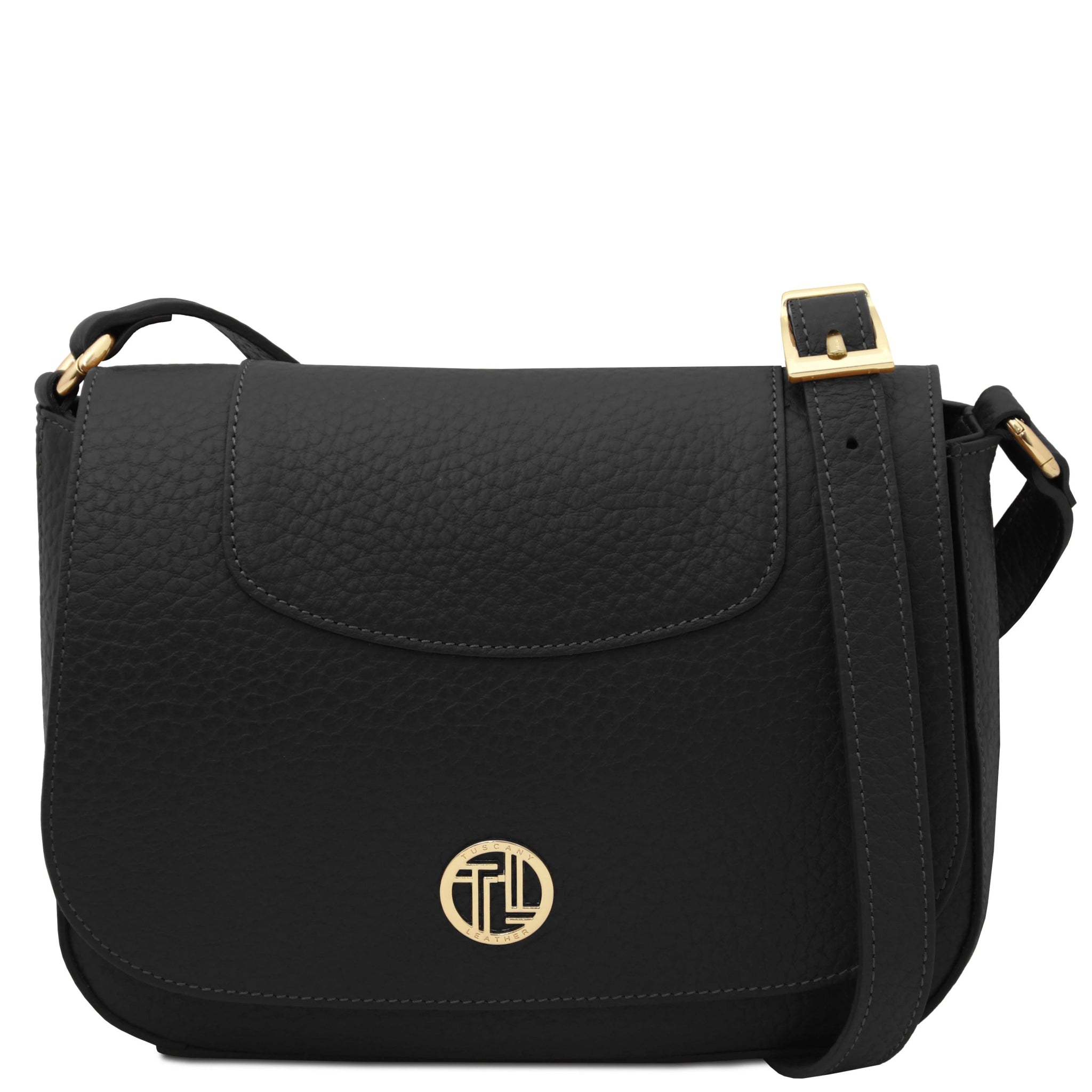 Front view Sella Italian Leather Shoulder Bag in black
