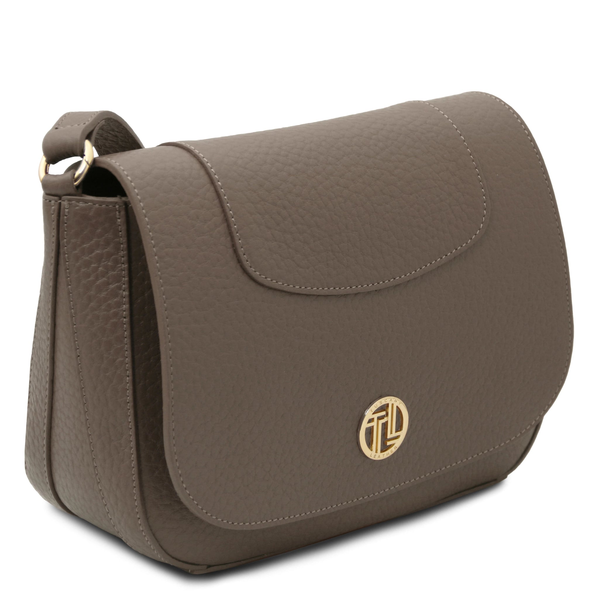 Side view Sella Italian Leather Shoulder Bag in dark taupe