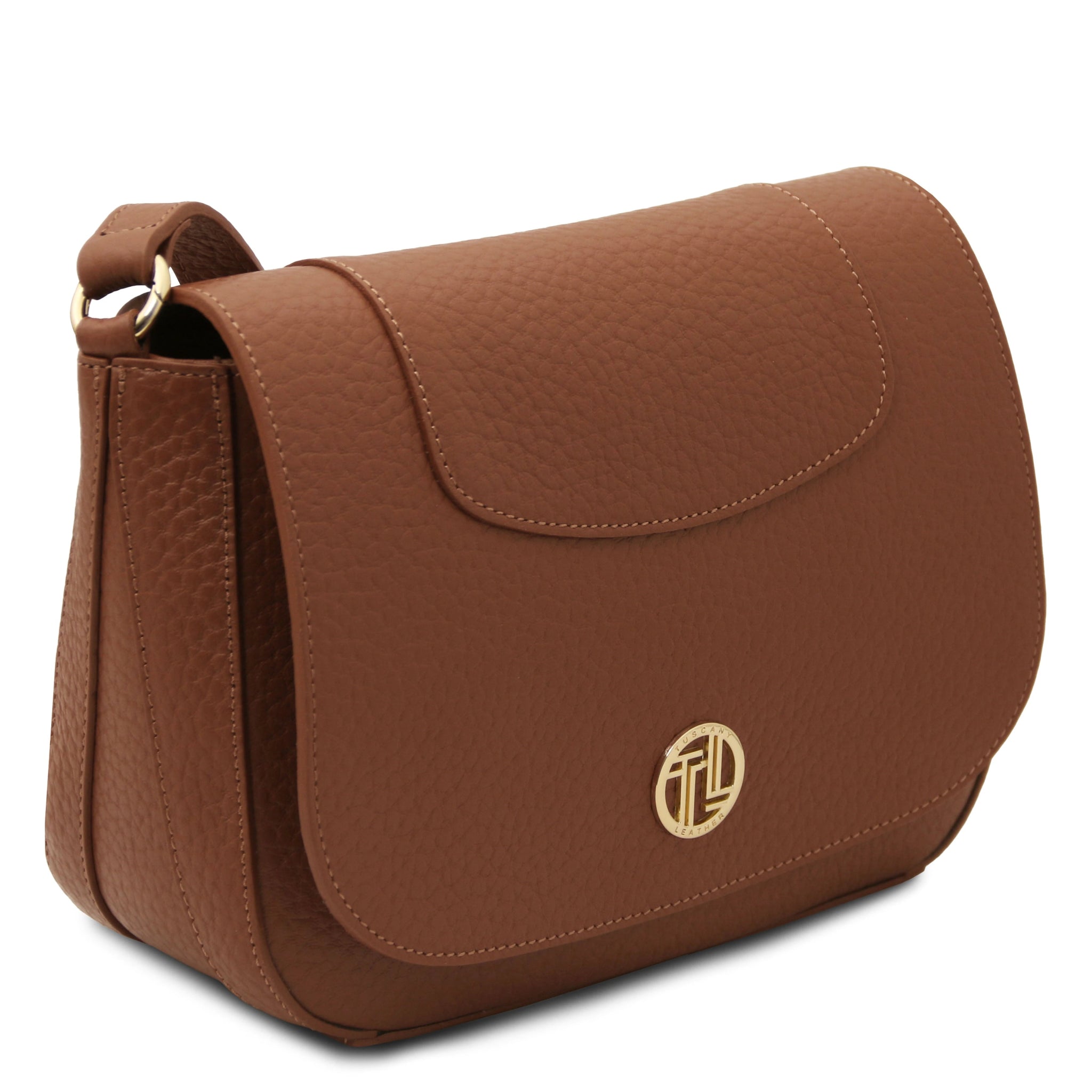 Side view Sella Italian Leather Shoulder Bag in cognac