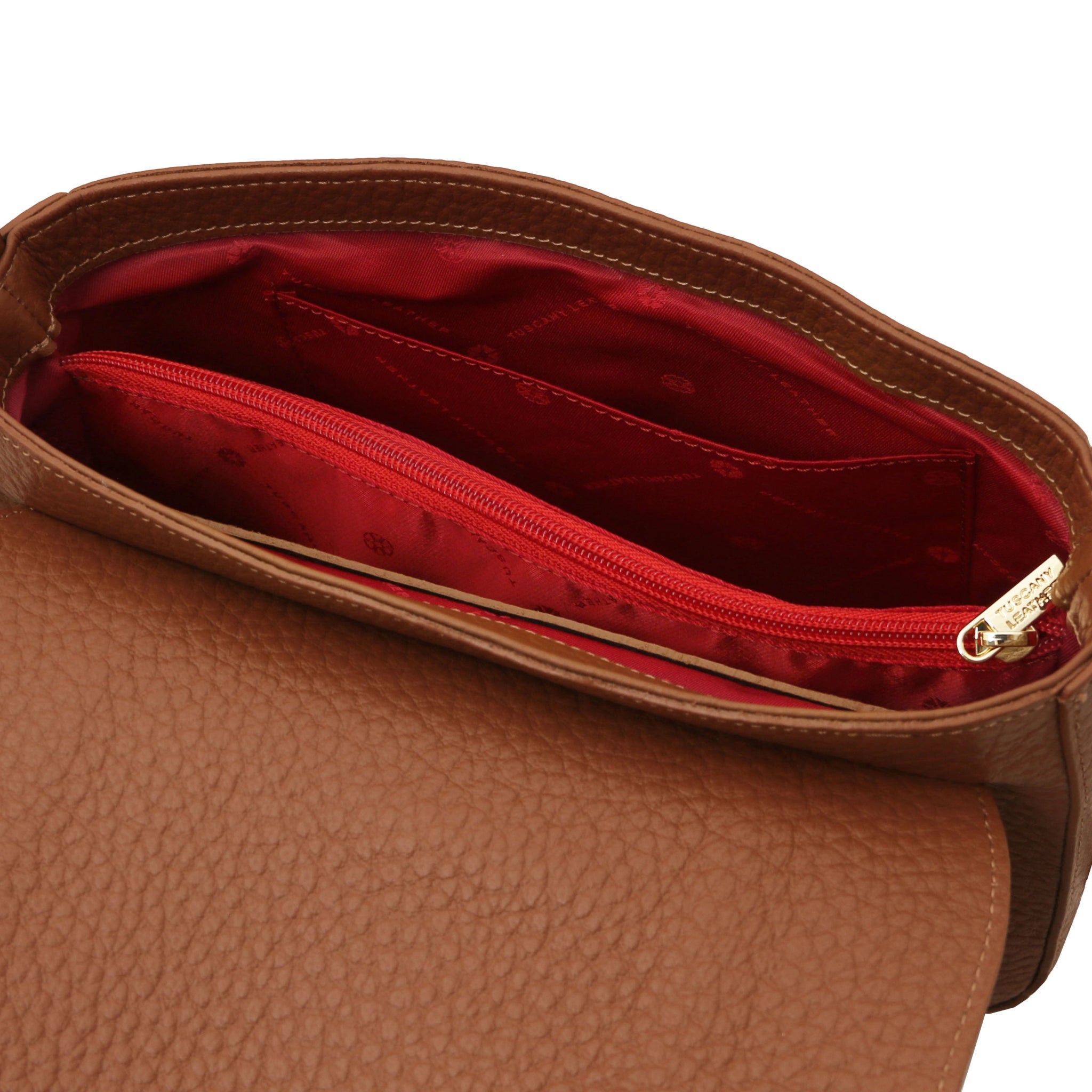 Interior open pocket red lining view Sella Italian Leather Shoulder Bag in cognac