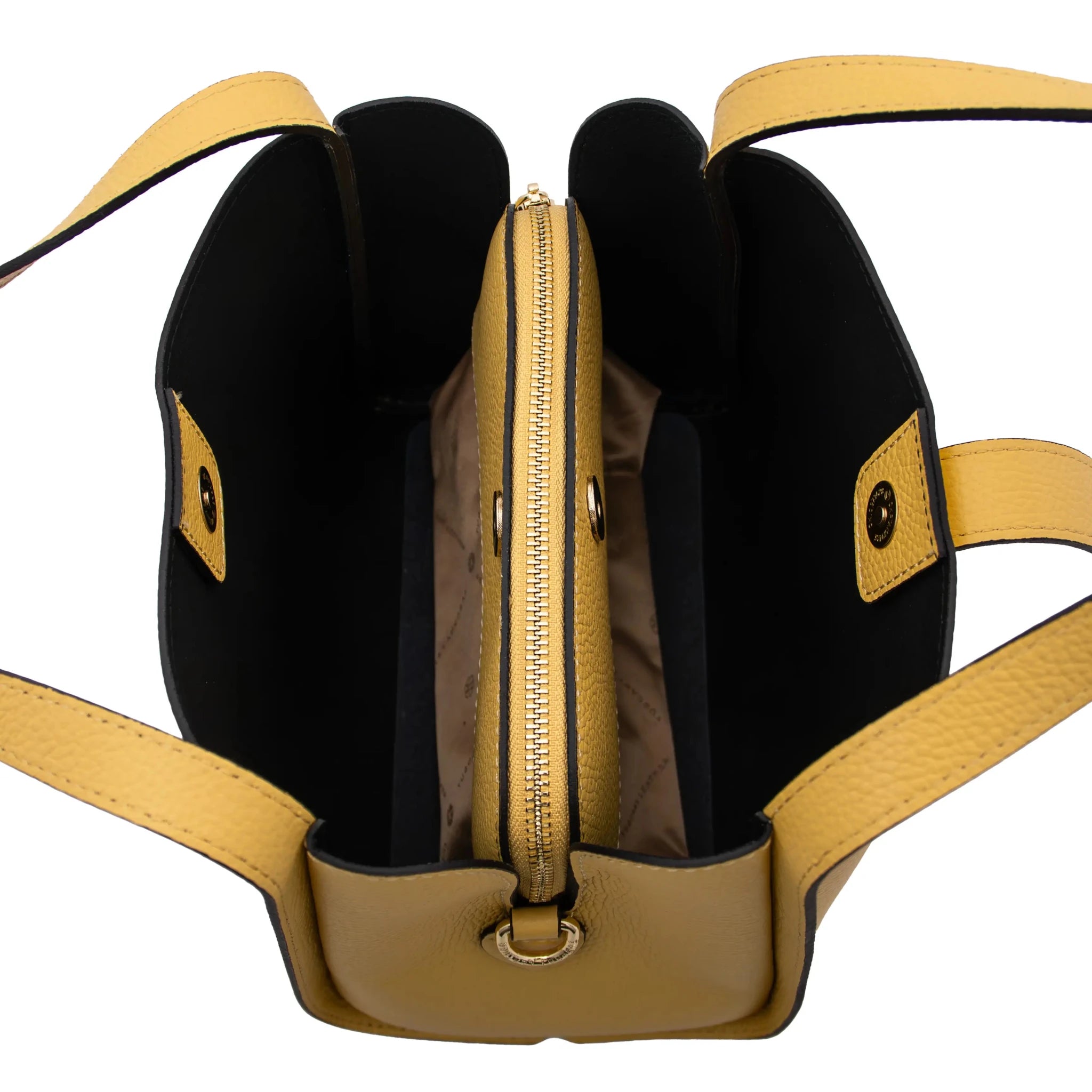 Interior two compartment beige lining view Soave Soft Leather Handbag in yellow on a white background