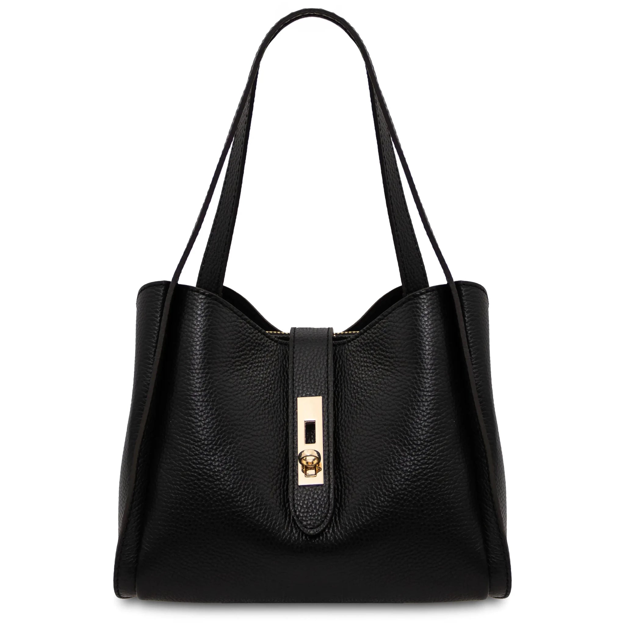 Front view Soave Soft Leather Handbag in black on a white background