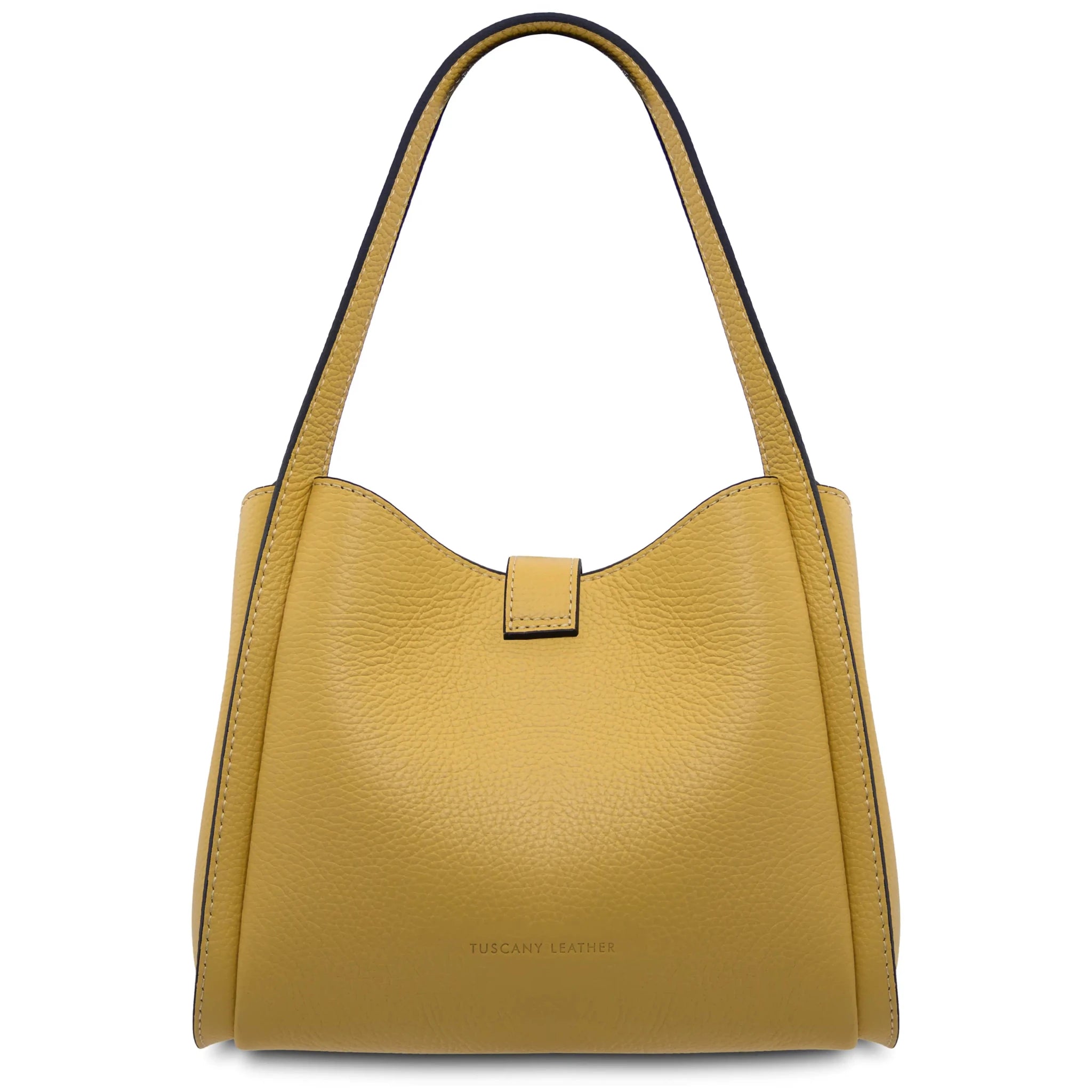 Back view Soave Soft Leather Handbag in yellow on a white background