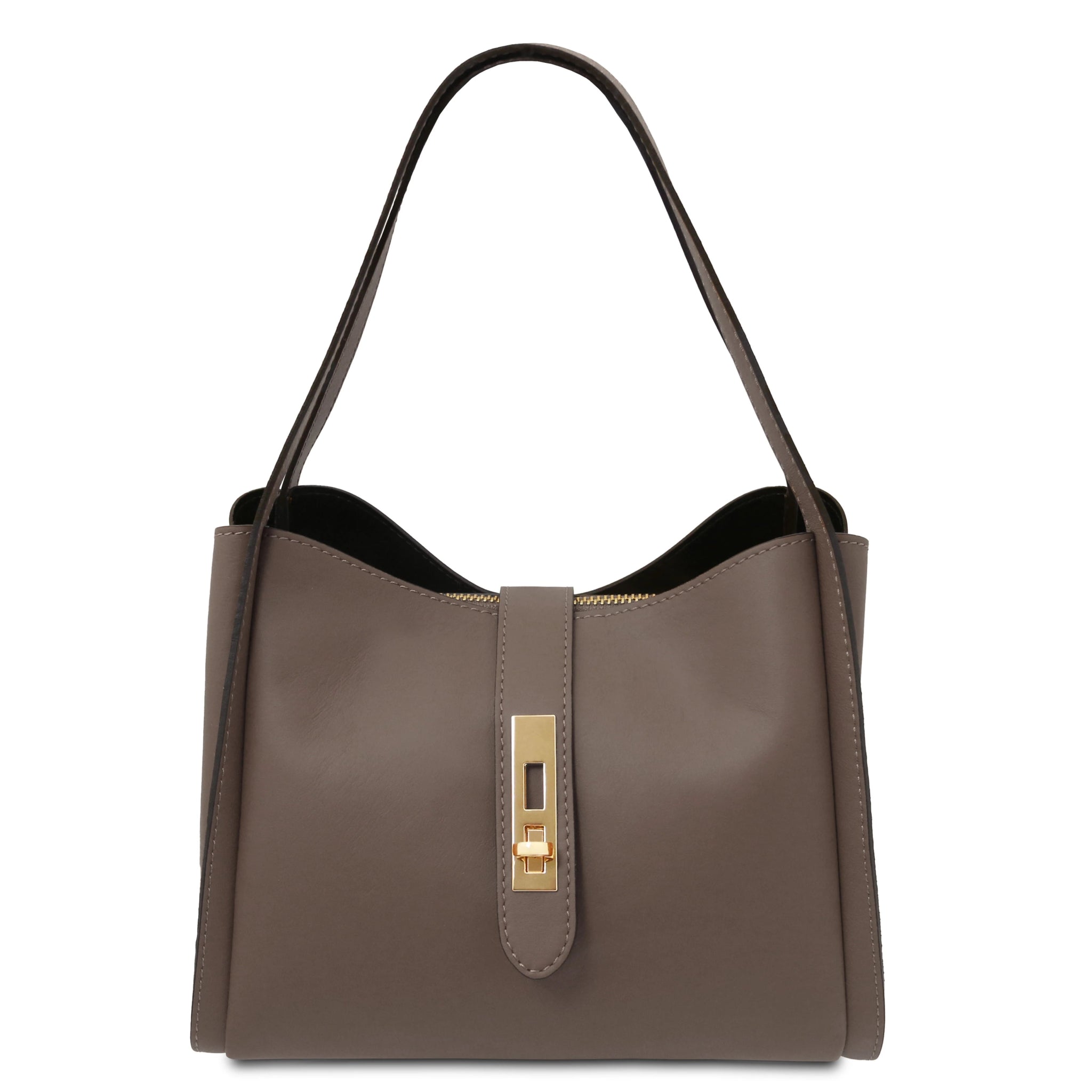 Front view Soave Soft Leather Handbag in Dark Taupe