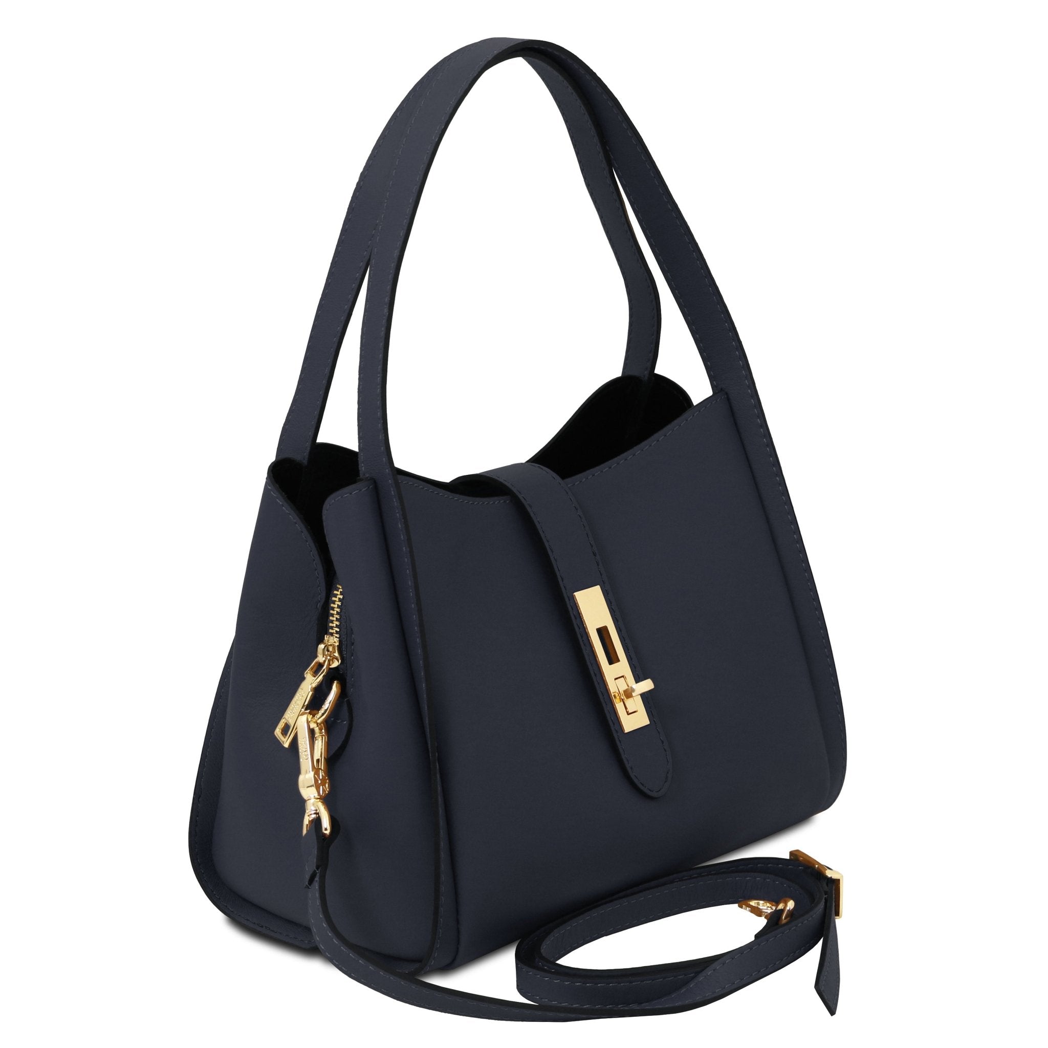 Front view with shoulder strap Soave Soft Leather Handbag in Dark Blue