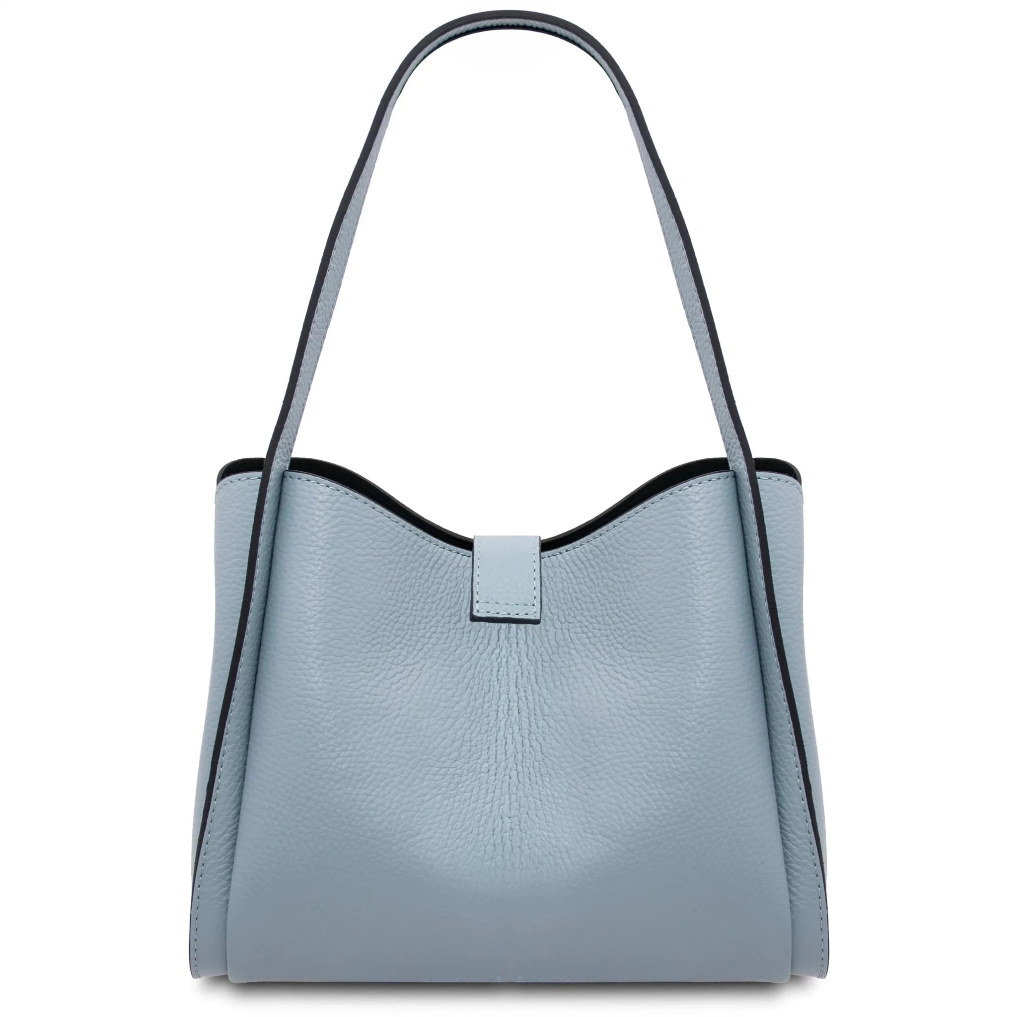 Back view Soave Soft Leather Handbag in light blue on a white background