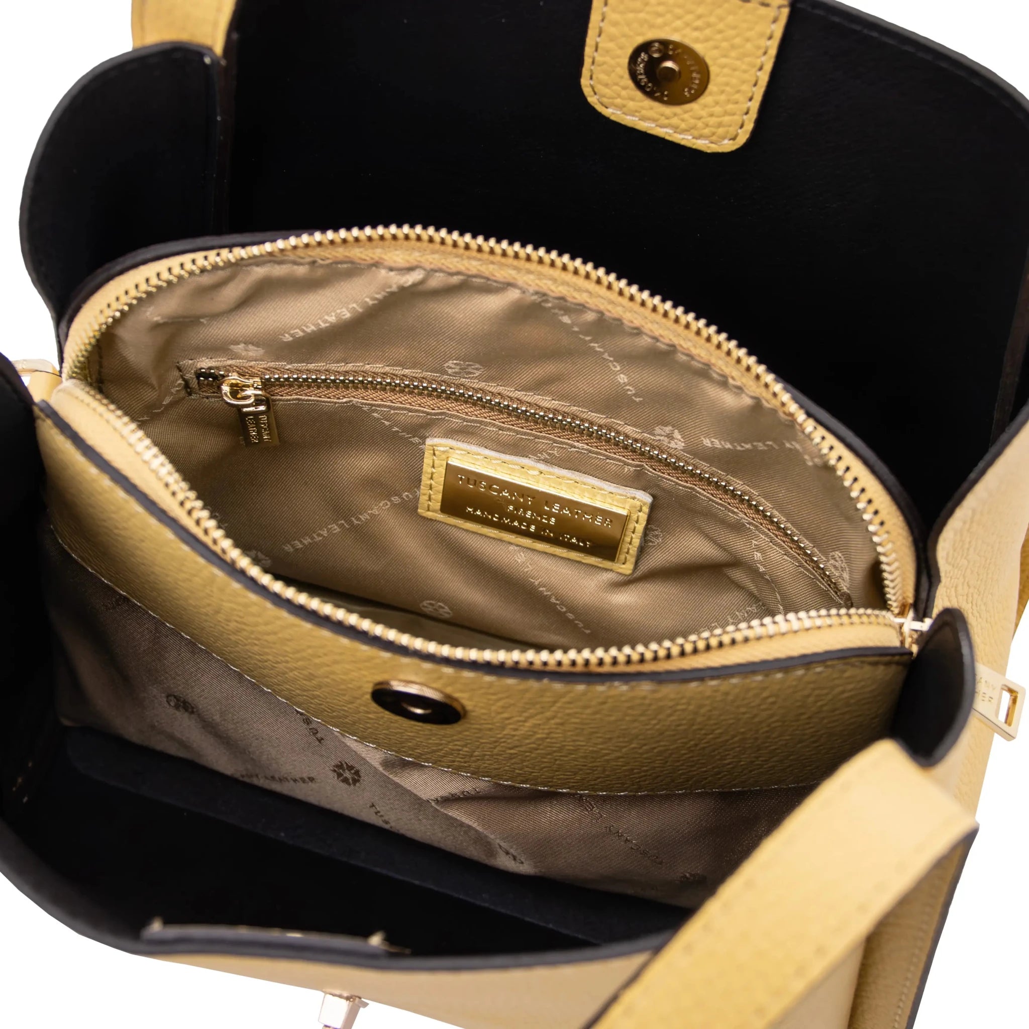 Interior zip pocket beige lining view Soave Soft Leather Handbag in yellow on a white background
