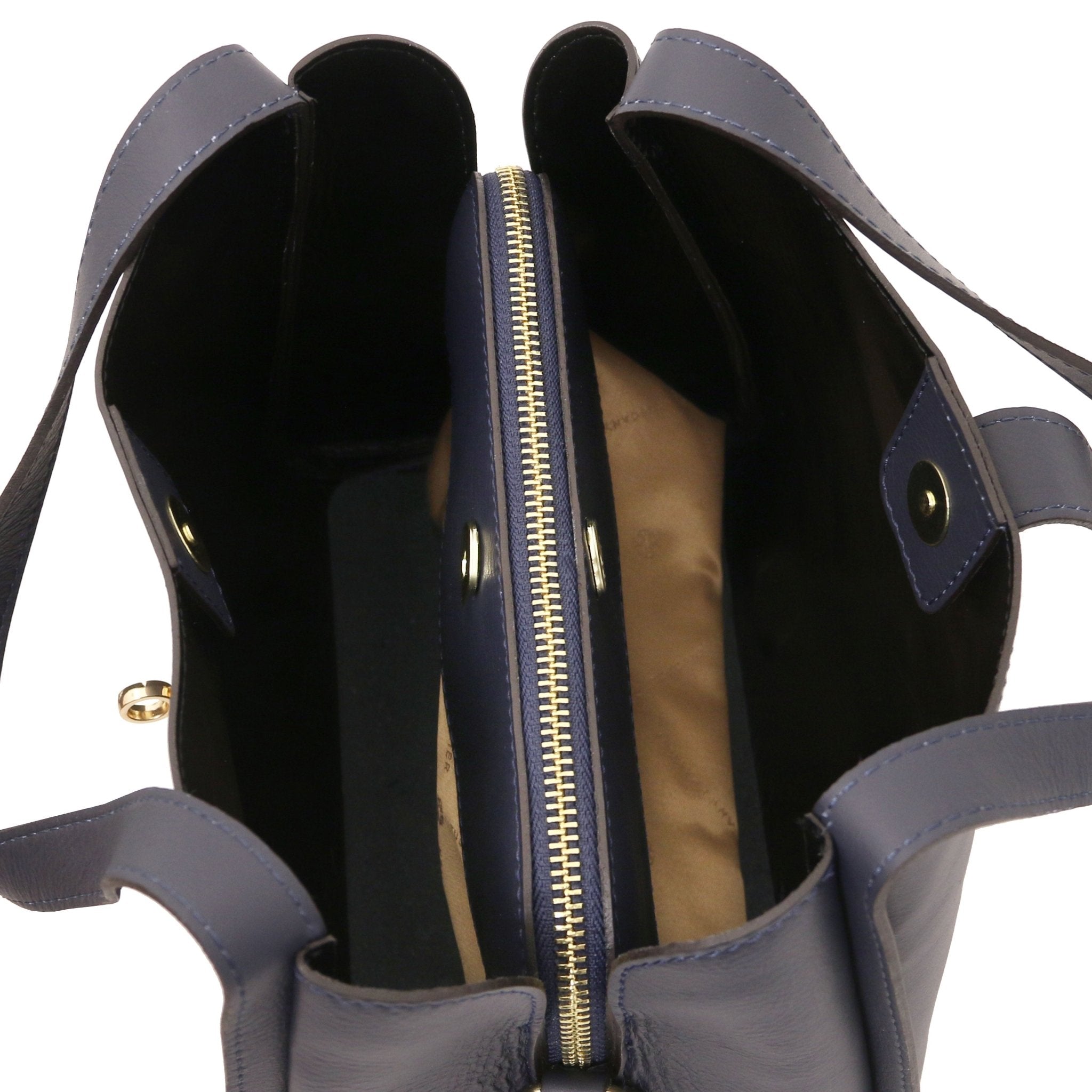 Interior compartments view Soave Soft Italian Leather Handbag in Dark Blue