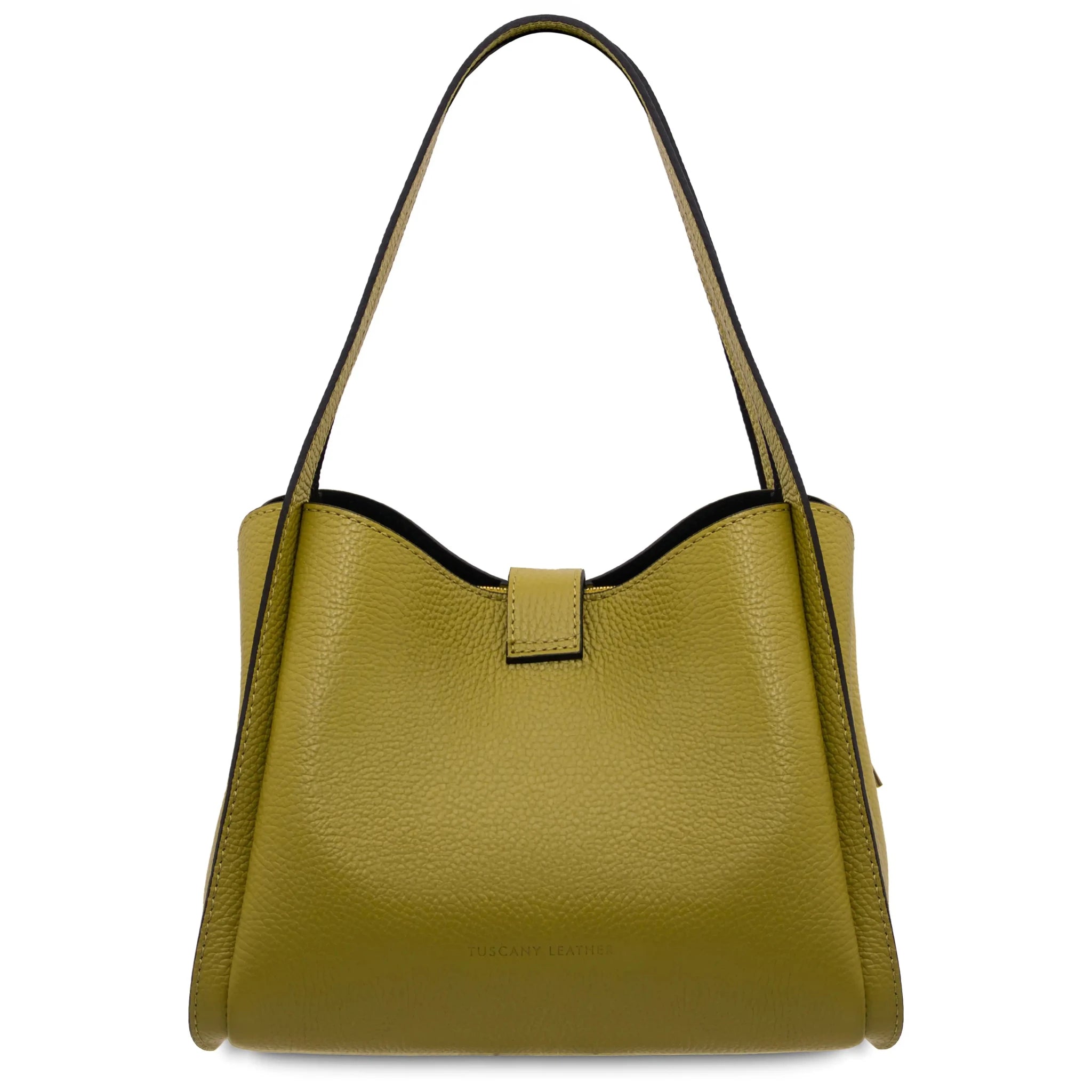 Back view Soave Soft Leather Handbag in green on white background
