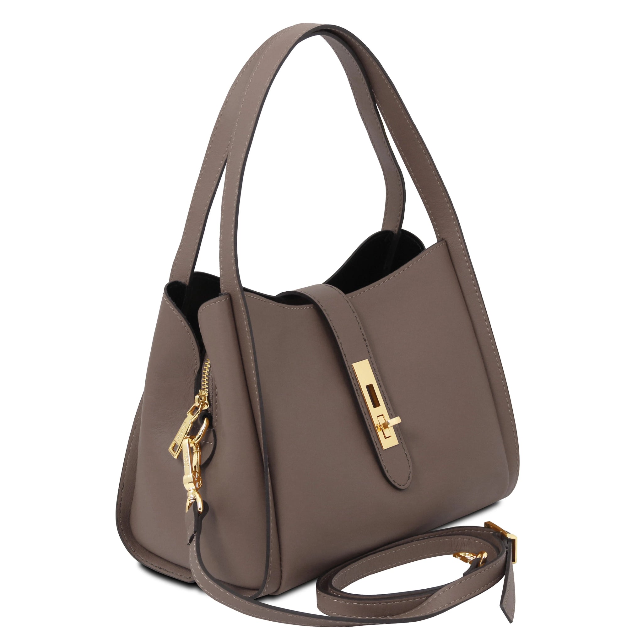 Front view with shoulder strap Soave Soft Leather Handbag in Dark Taupe