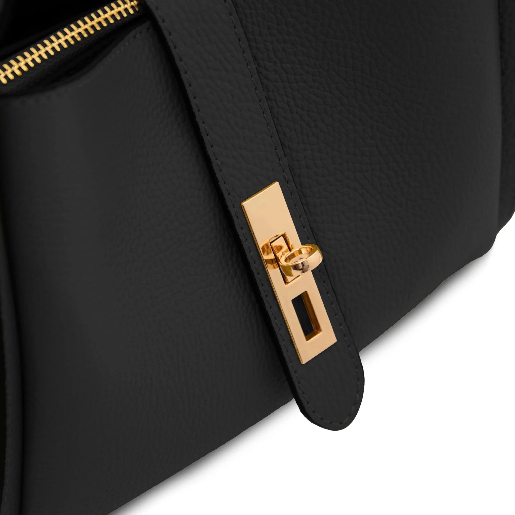 Front angled close up view Soave Soft Leather Handbag in black showing metal twist lock gold hardware
