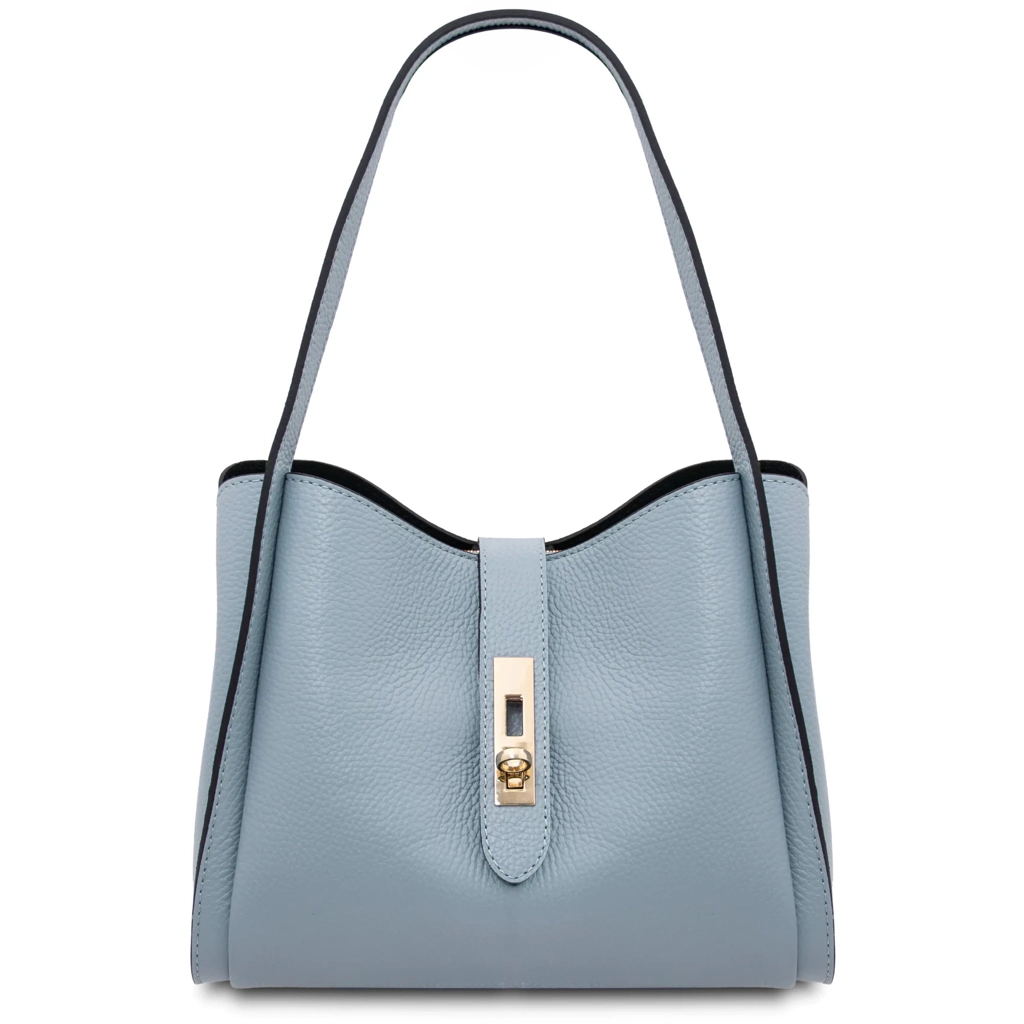 Front view Soave Soft Leather Handbag in light blue on a white background