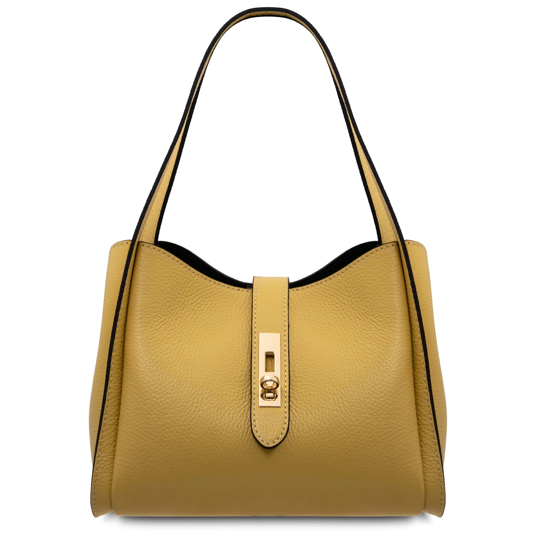 Yellow handbag with a gold clasp on a white background