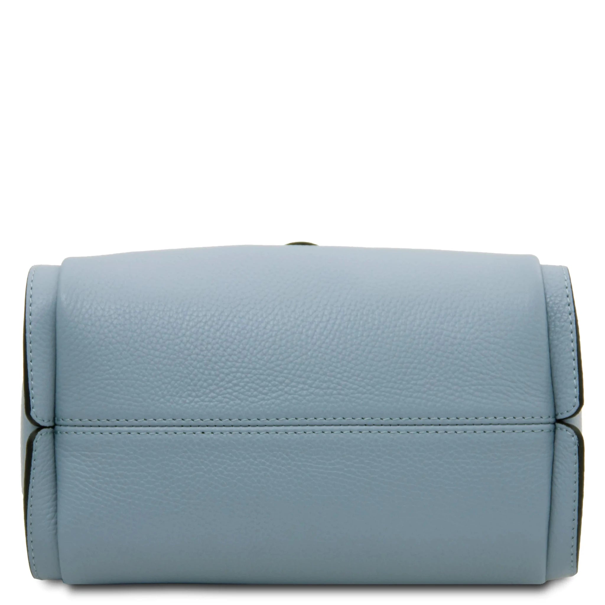 Bottom view Soave Soft Leather Handbag in light blue on a white background