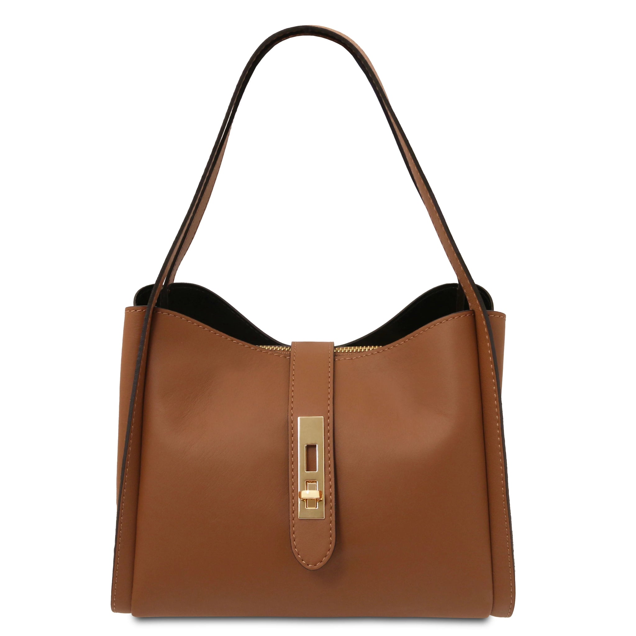 Front view Soave Soft Leather Handbag in Cognac