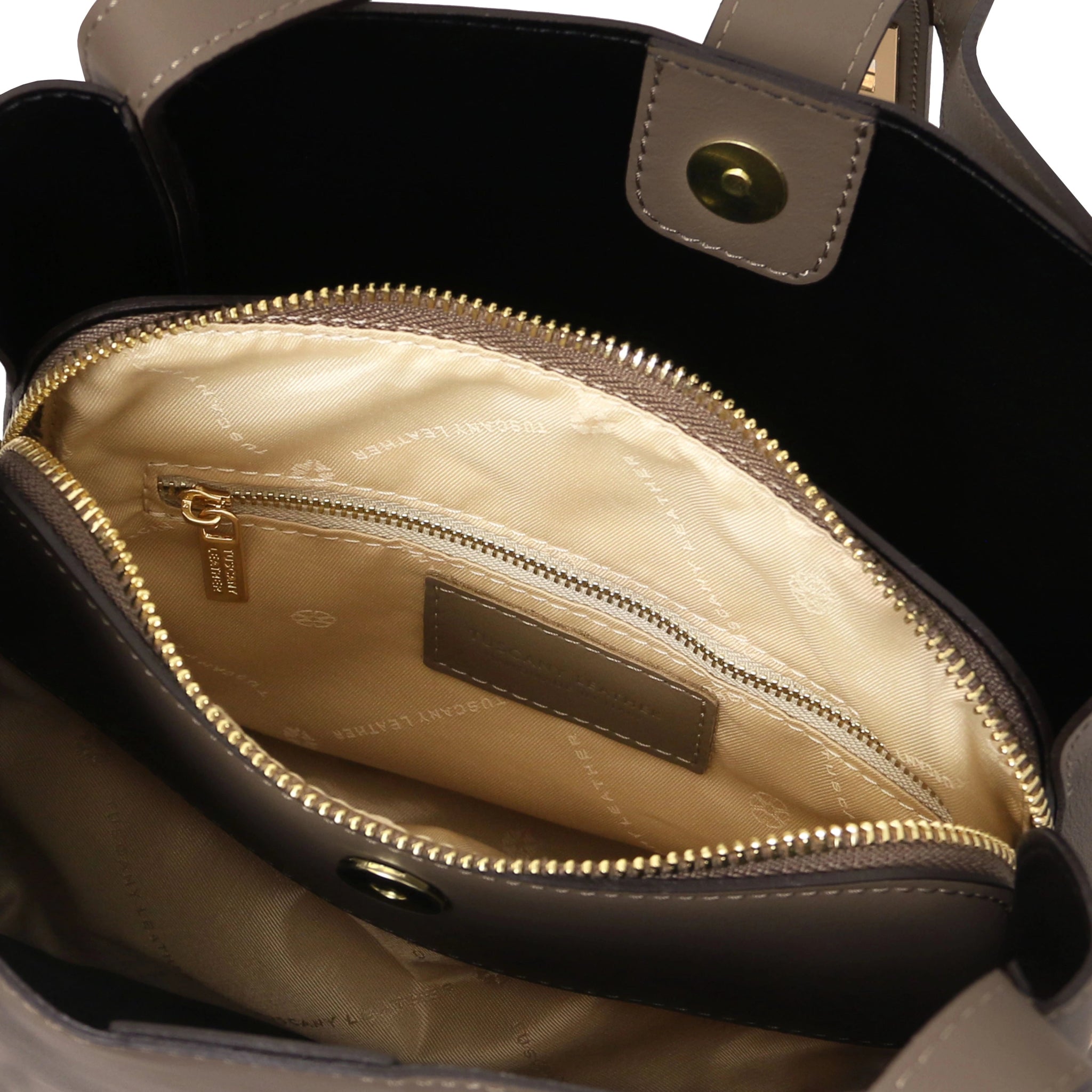 Interior zip pocket view Soave Soft Leather Handbag Dark Taupe beige lining