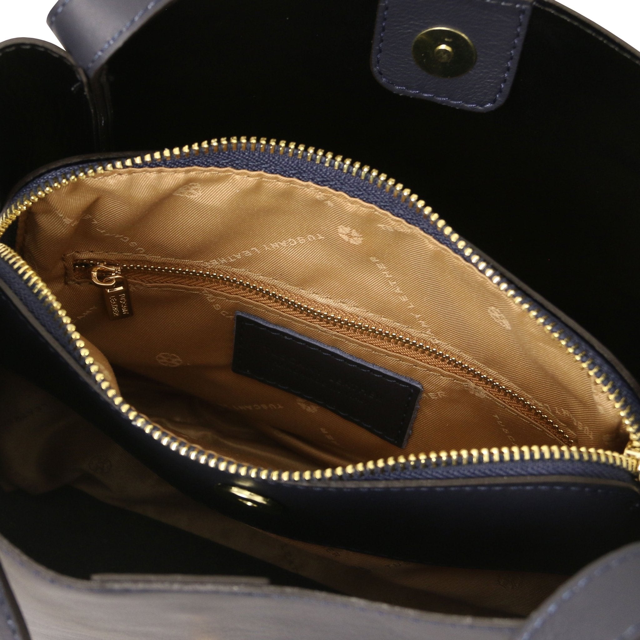 Interior zip pocket view Soave Soft Leather Handbag Dark Blue beige lining