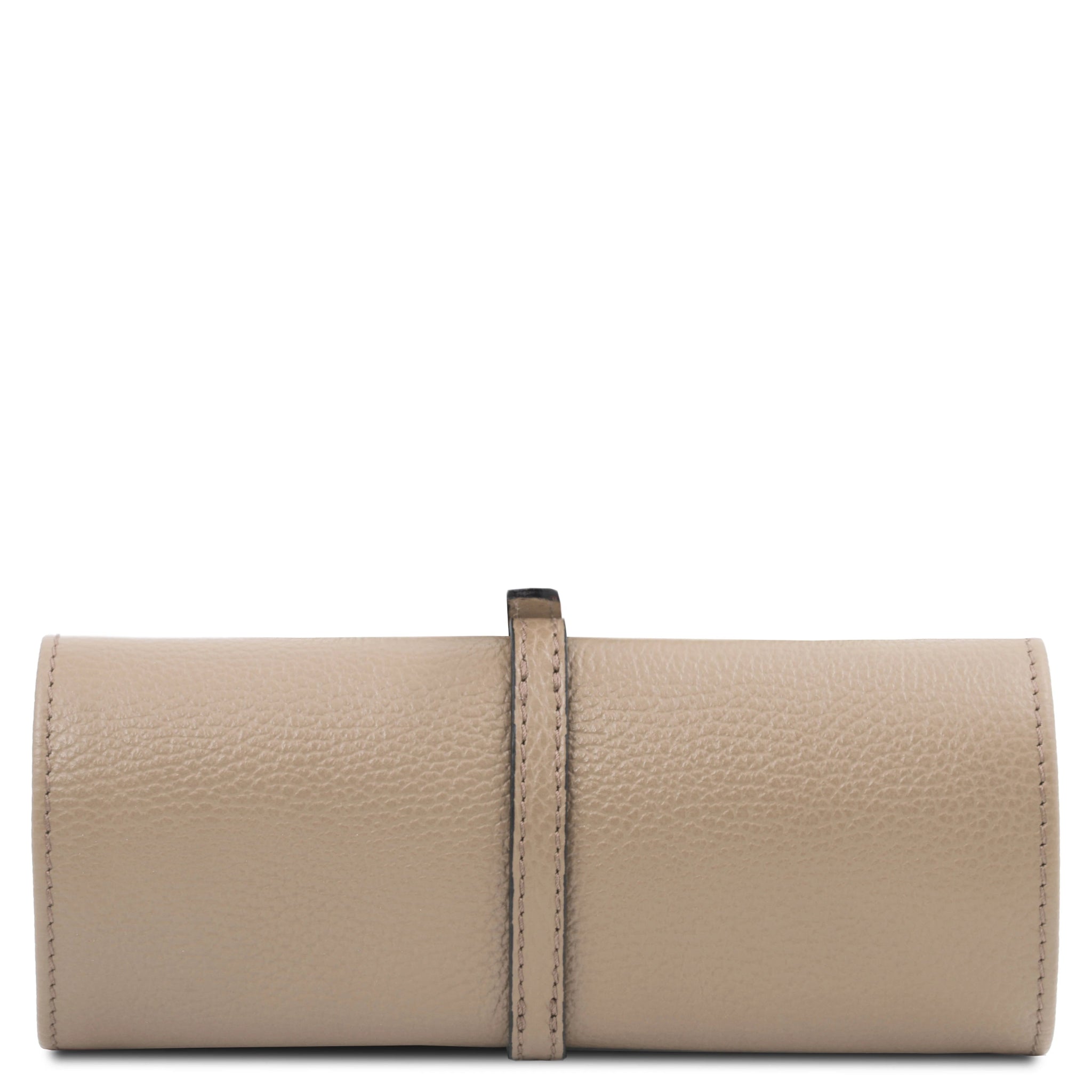 Back view Soft Leather Jewelry Case in light taupe rolled up showing buckle strap closure