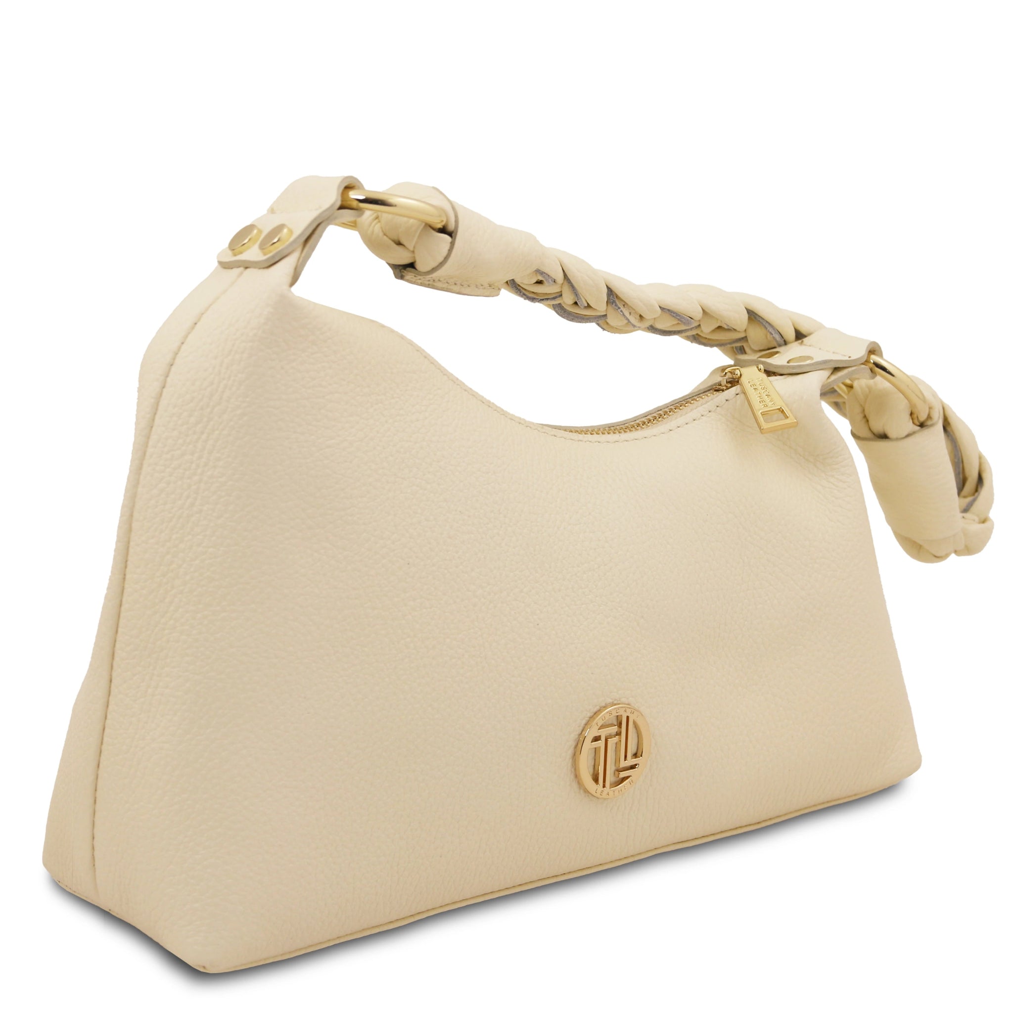 Front side view Sophie Italian Leather Shoulder Bag in beige showing the sculpted shape of bag
