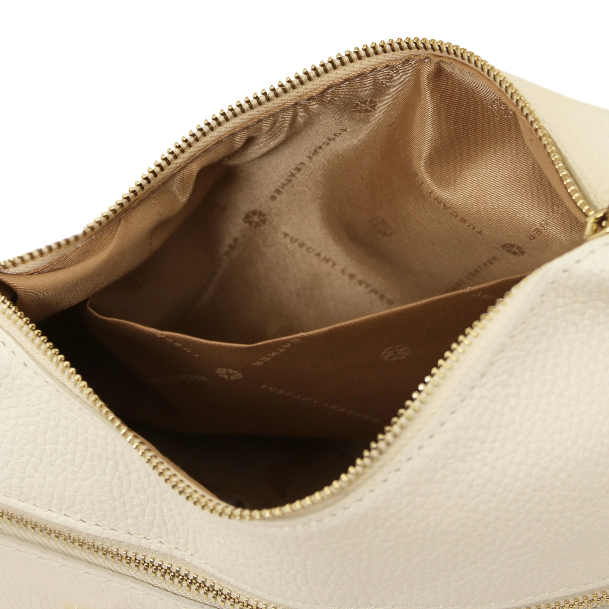 Interior open pocket view Sophie Italian Leather Shoulder Bag in light beige showing tan ining