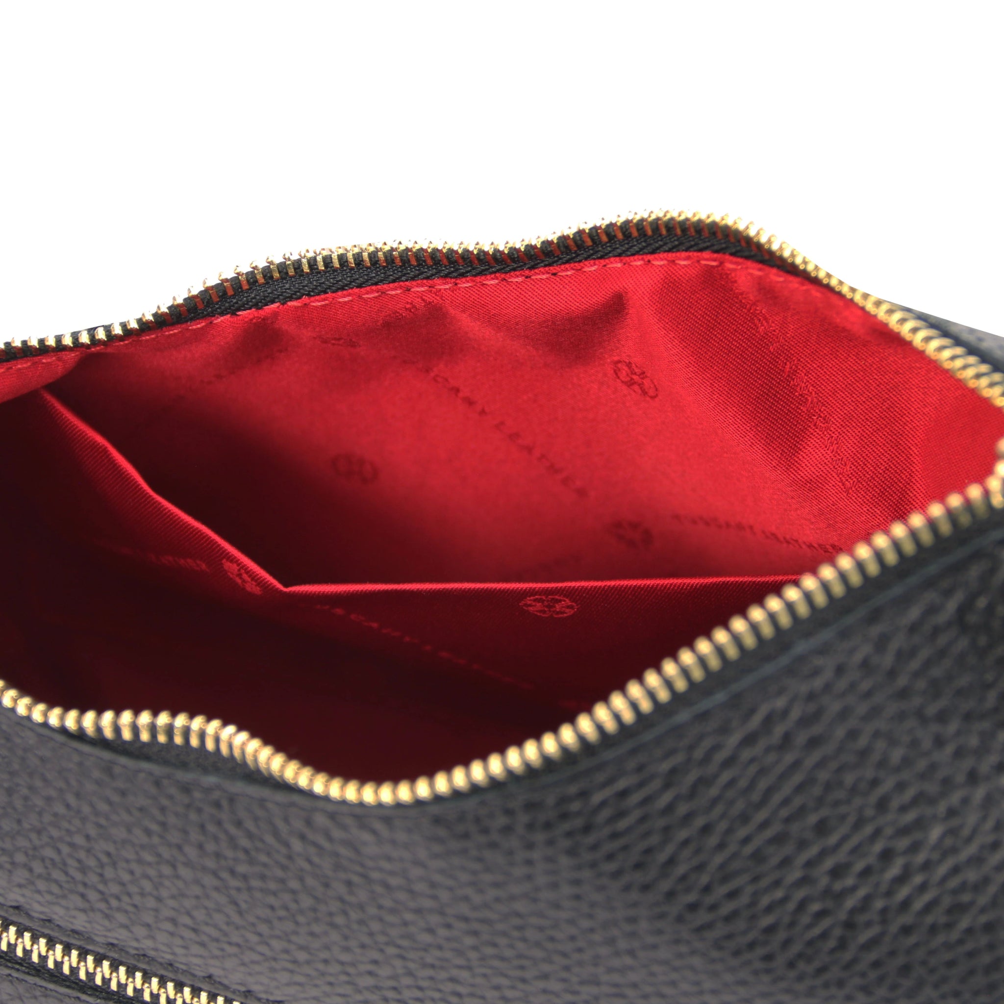 Interior open pocket view Sophie Italian Leather Shoulder Bag in black showing red lining