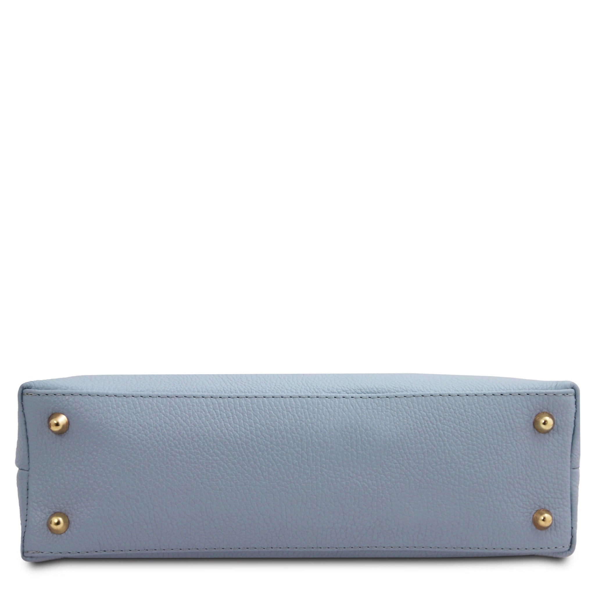 Bottom view Sophie Italian Leather Shoulder Bag in light blue showing four protective gold feet