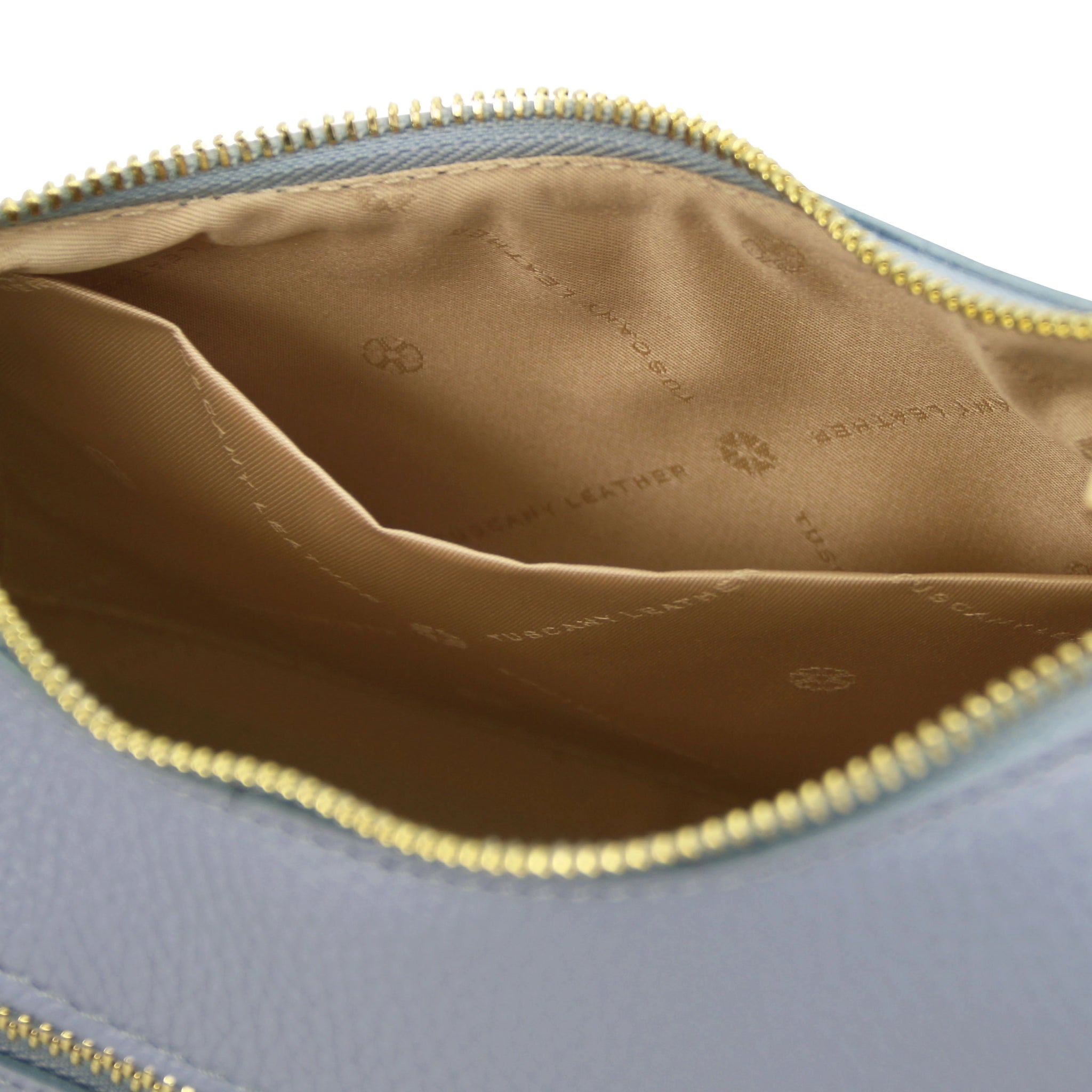 Interior open pocket view Sophie Italian Leather Shoulder Bag in light blue showing beige lining