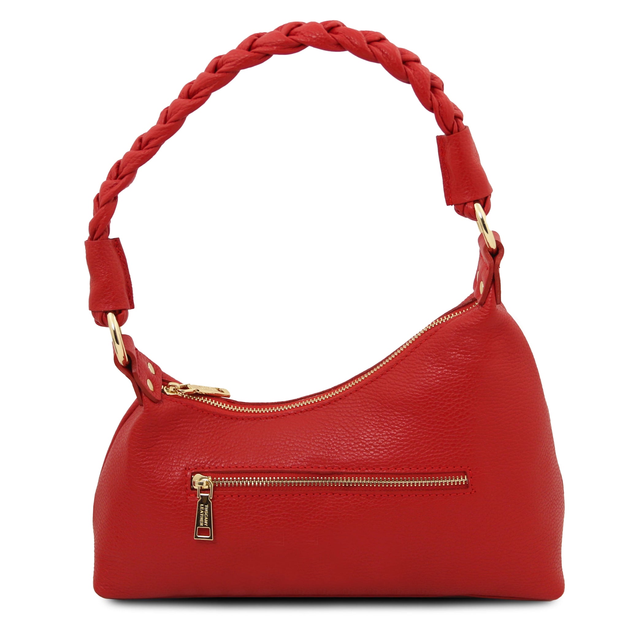 Back view Sophie Italian Leather Shoulder Bag in red showing braided handle and gold exterior zipper pocket