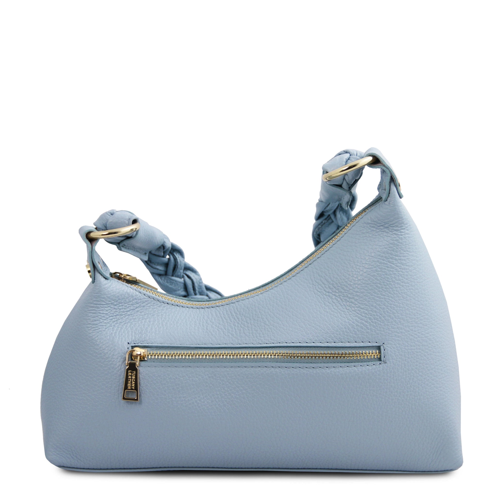 Back view Sophie Italian Leather Shoulder Bag in light blue showing braided handle and gold exterior zipper pocket
