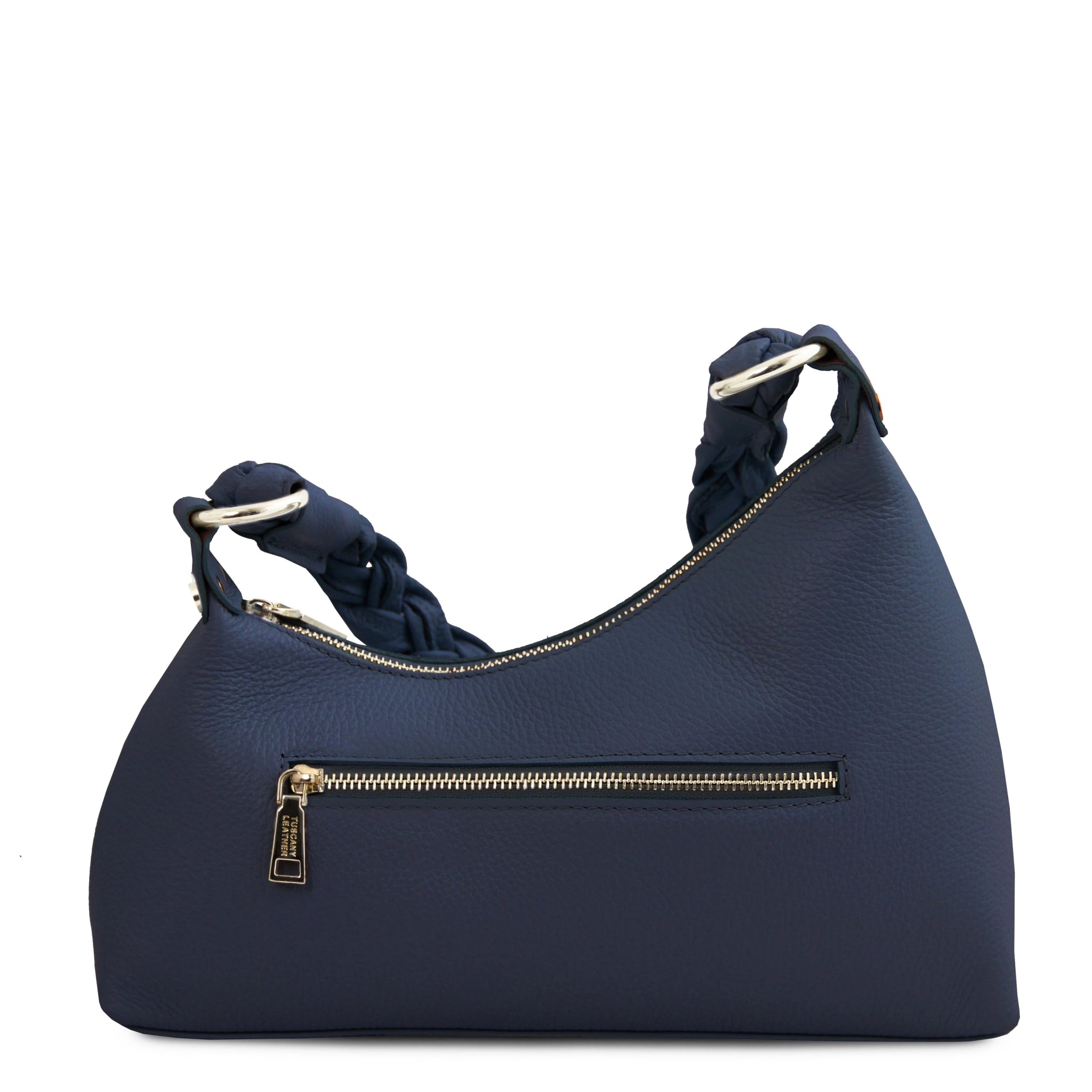Back view Sophie Italian Leather Shoulder Bag in blue showing braided handle and gold exterior zipper pocket